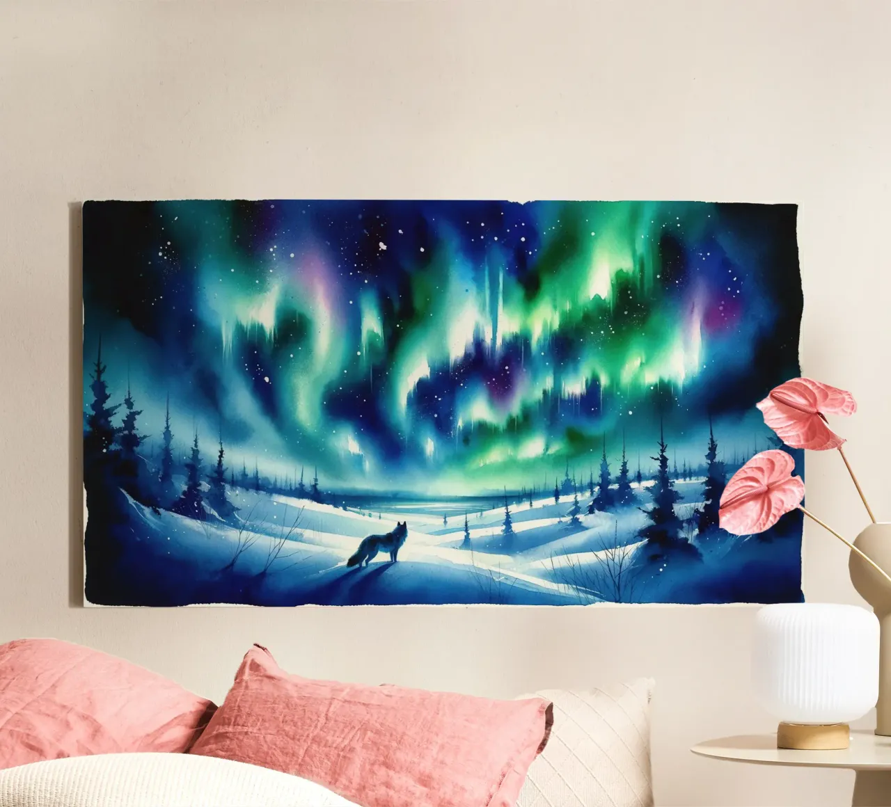 Polarfuchs und Nordlichter Leinwand mit Schattenfugenrahmen von Chromatic Fusion Studio
