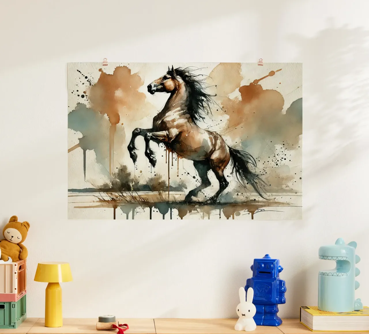 Fiery Horse Elegance poster with wooden frame by Chromatic Fusion Studio