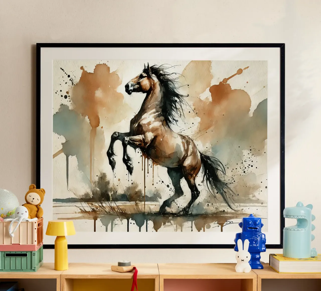 Fiery Horse Elegance poster with wooden frame by Chromatic Fusion Studio