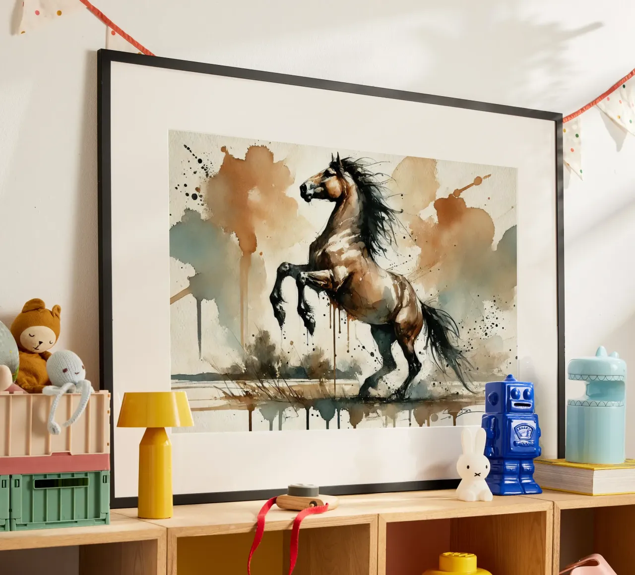 Fiery Horse Elegance poster with wooden frame by Chromatic Fusion Studio