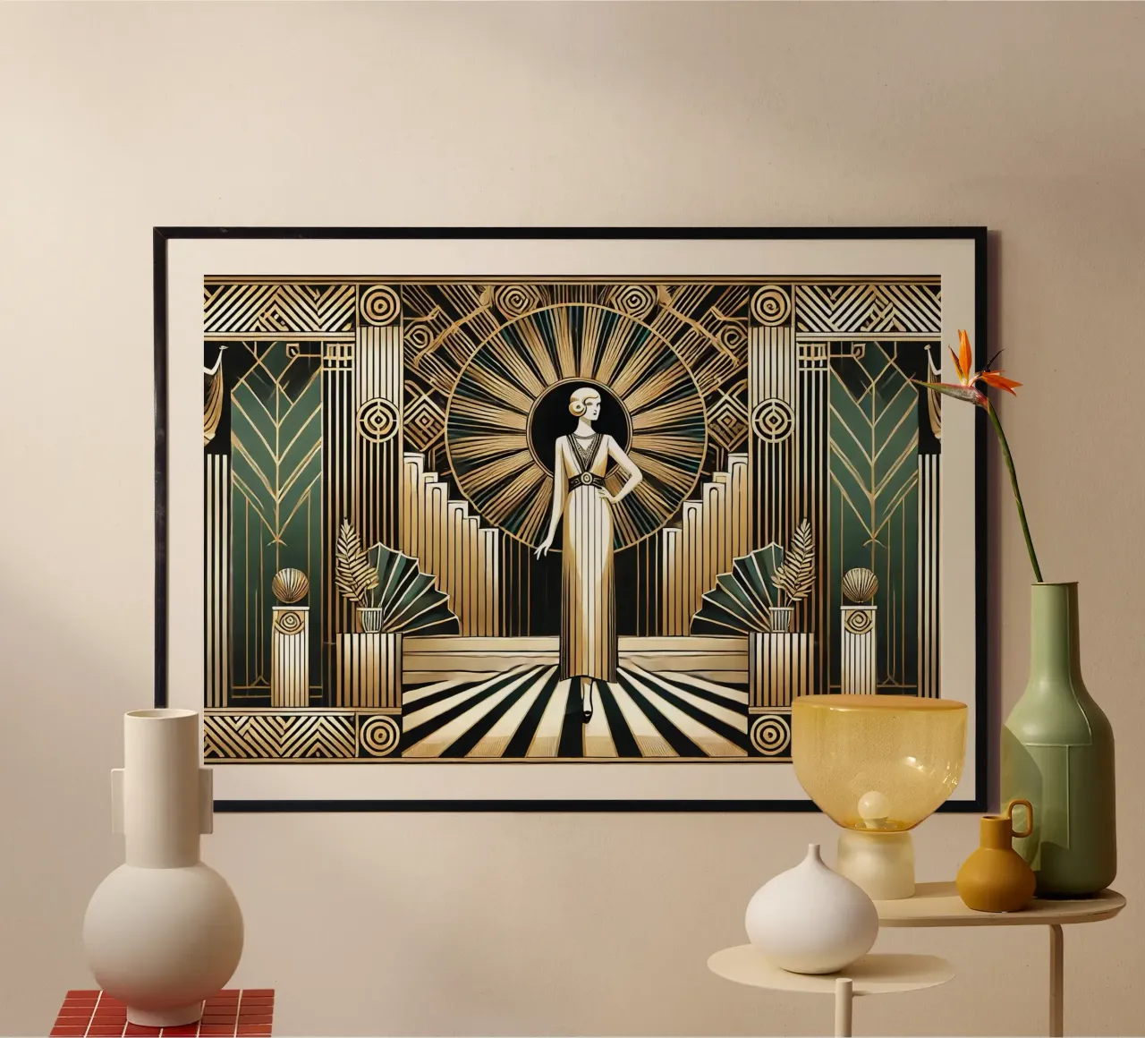 Golden Twenties Flair in Art Deco poster with aluminum frame by Chromatic Fusion Studio
