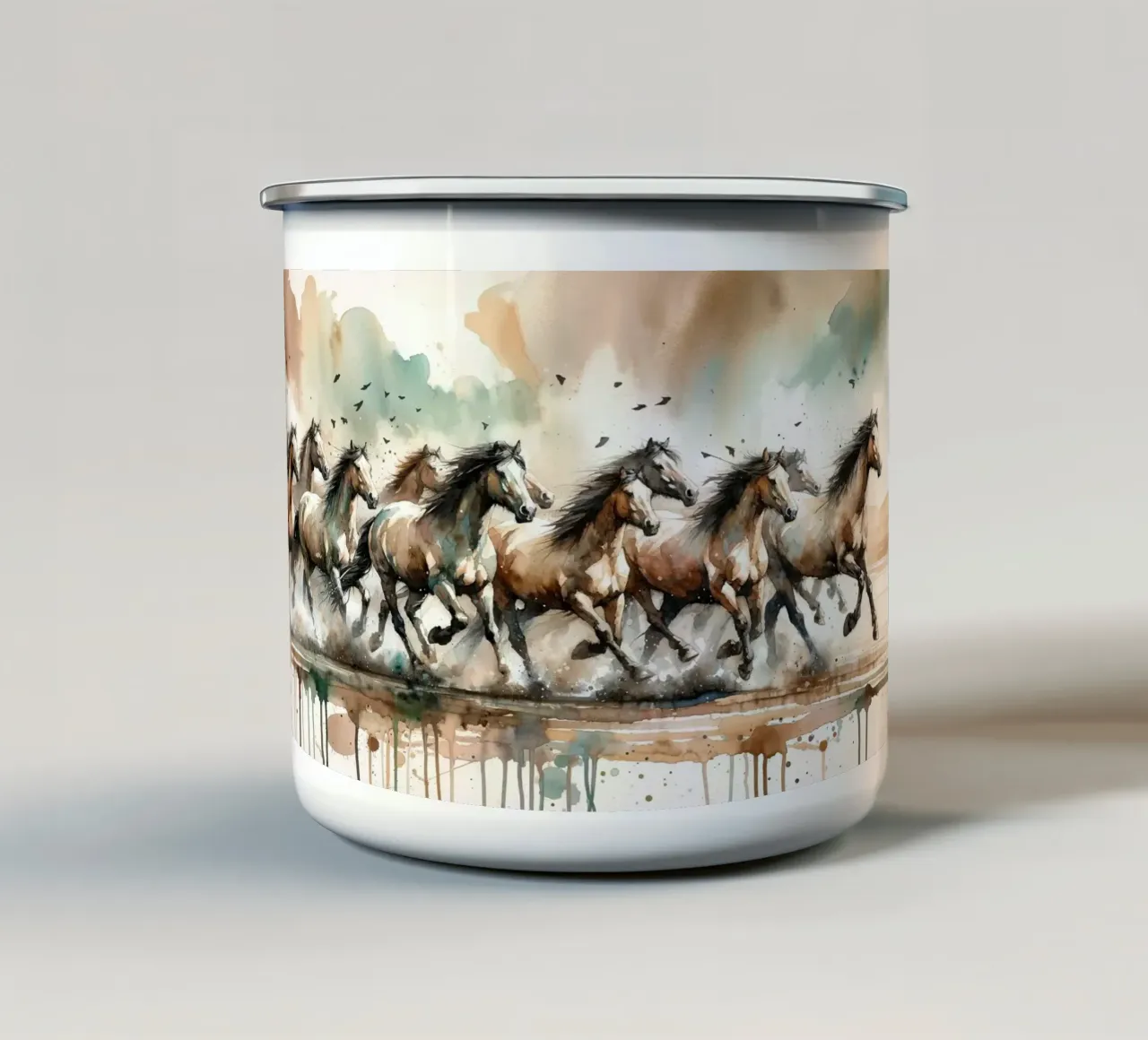 Cavalli al galoppo Acquerello tazza in smalto da Chromatic Fusion Studio
