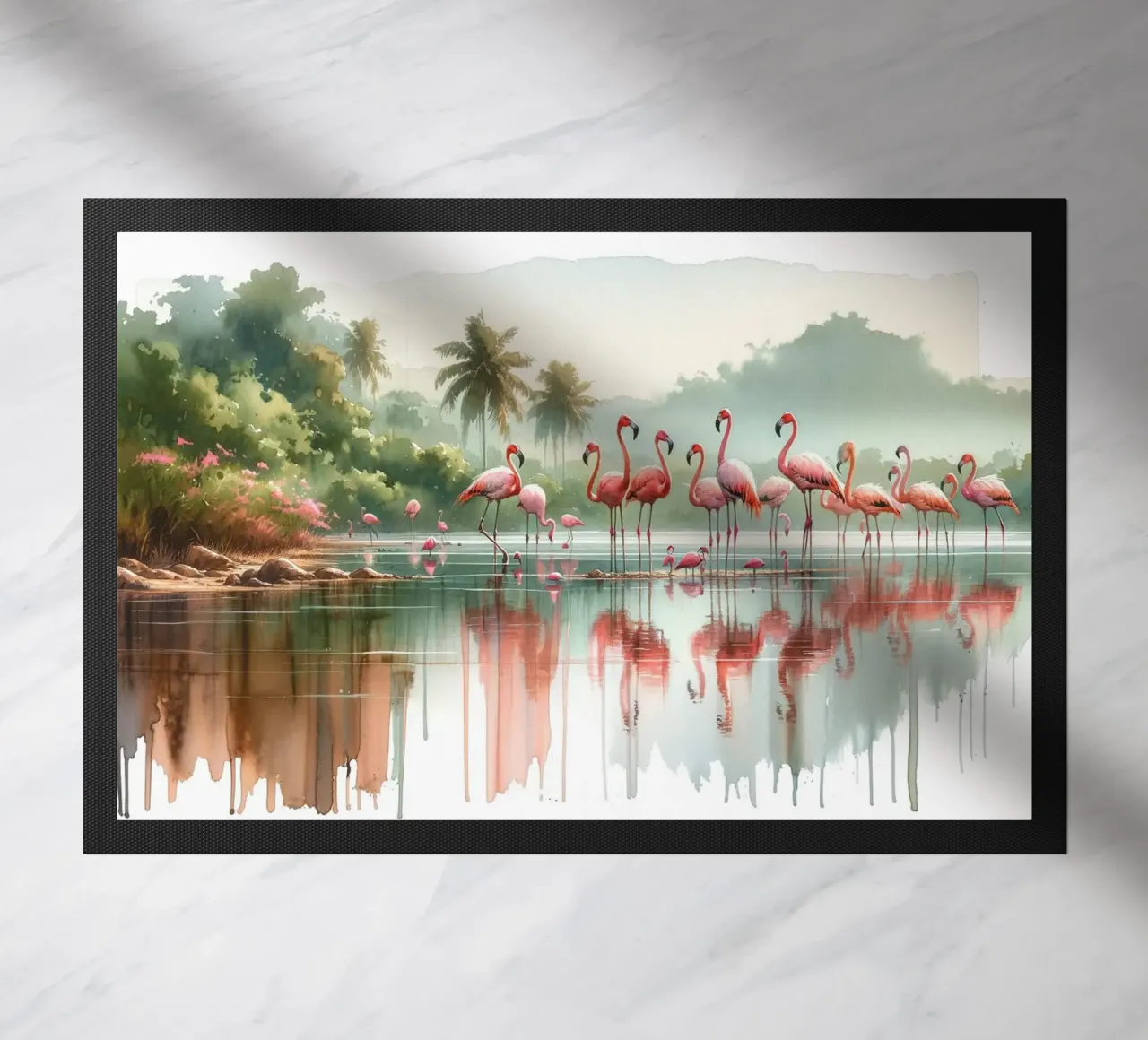 Morning Reflections of Flamingos doormat by Chromatic Fusion Studio