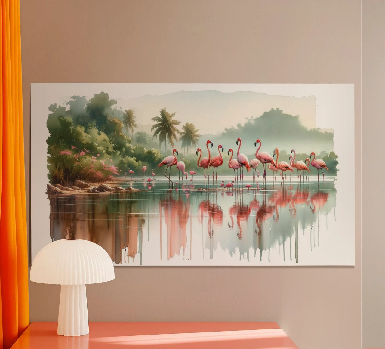 Reflets matinaux des flamants roses poster de Chromatic Fusion Studio