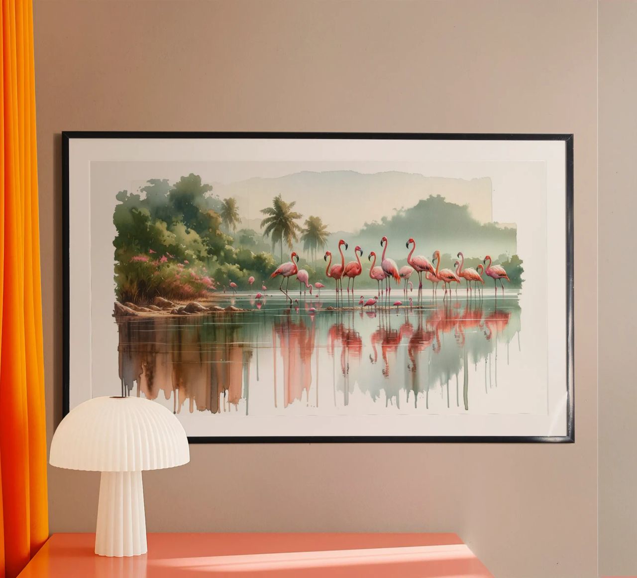 Reflets matinaux des flamants roses poster de Chromatic Fusion Studio
