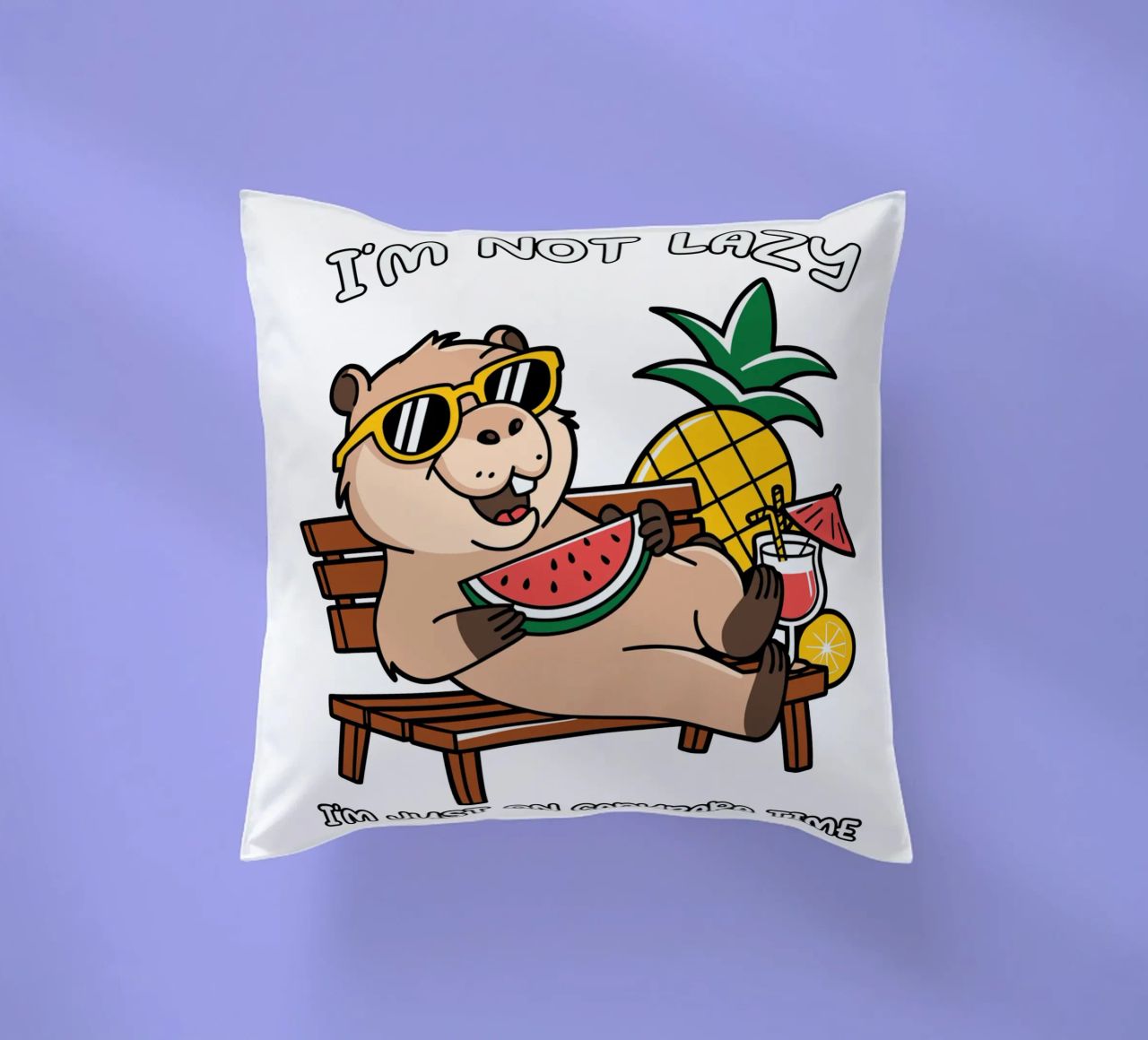 I'M NOT LAZY. I'M JUST ON CAPYBARA TIME decorative cushion by edsonramosart