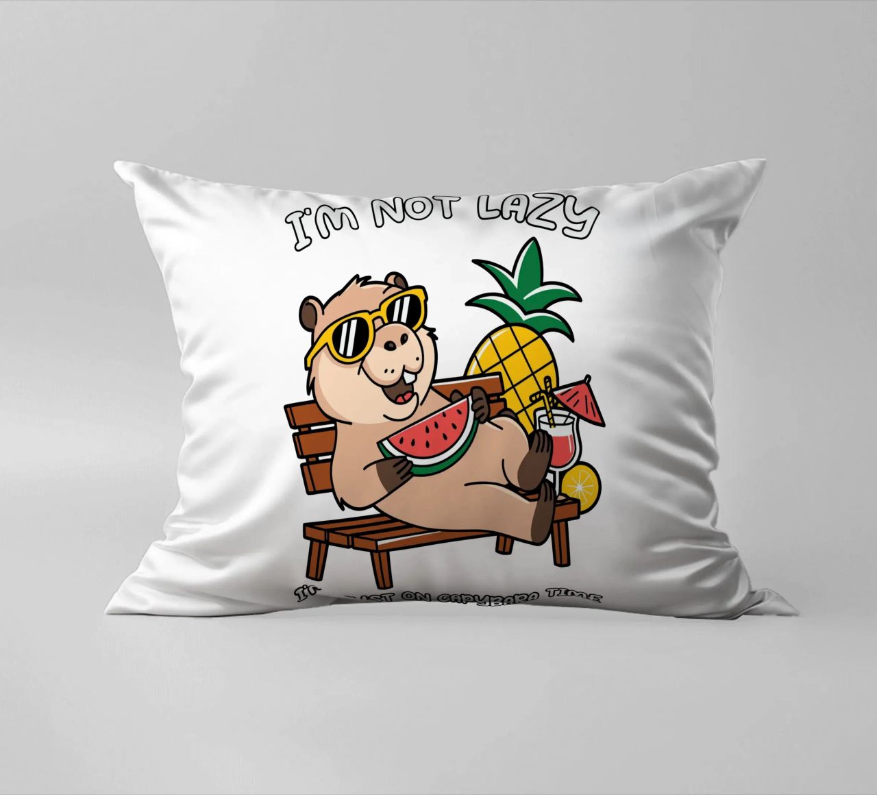 I'M NOT LAZY. I'M JUST ON CAPYBARA TIME decorative cushion by edsonramosart