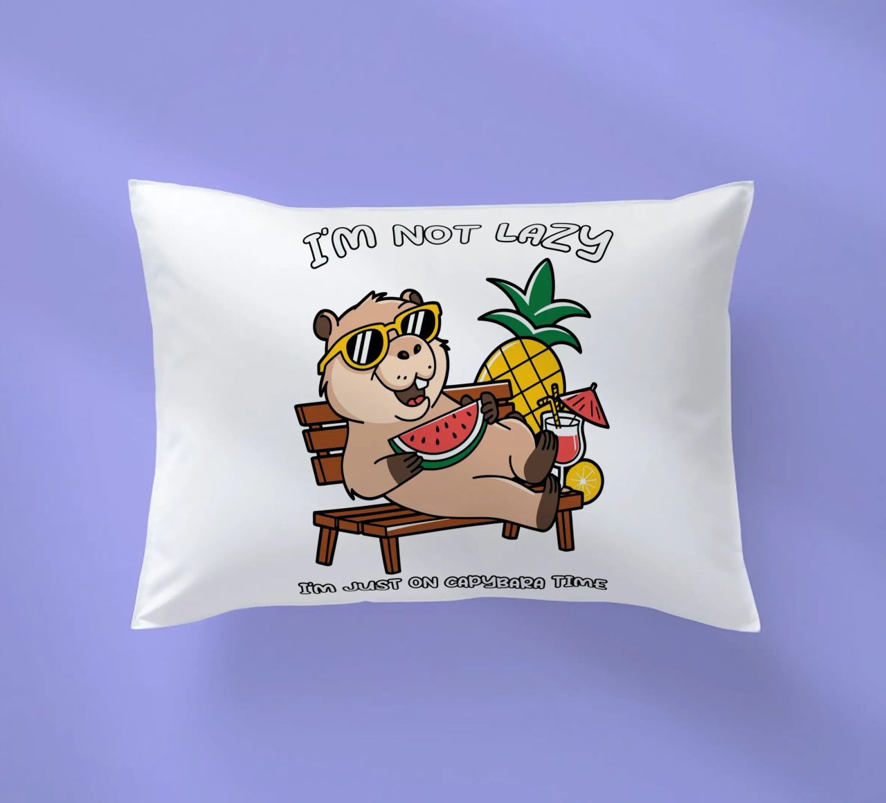 I'M NOT LAZY. I'M JUST ON CAPYBARA TIME decorative cushion by edsonramosart