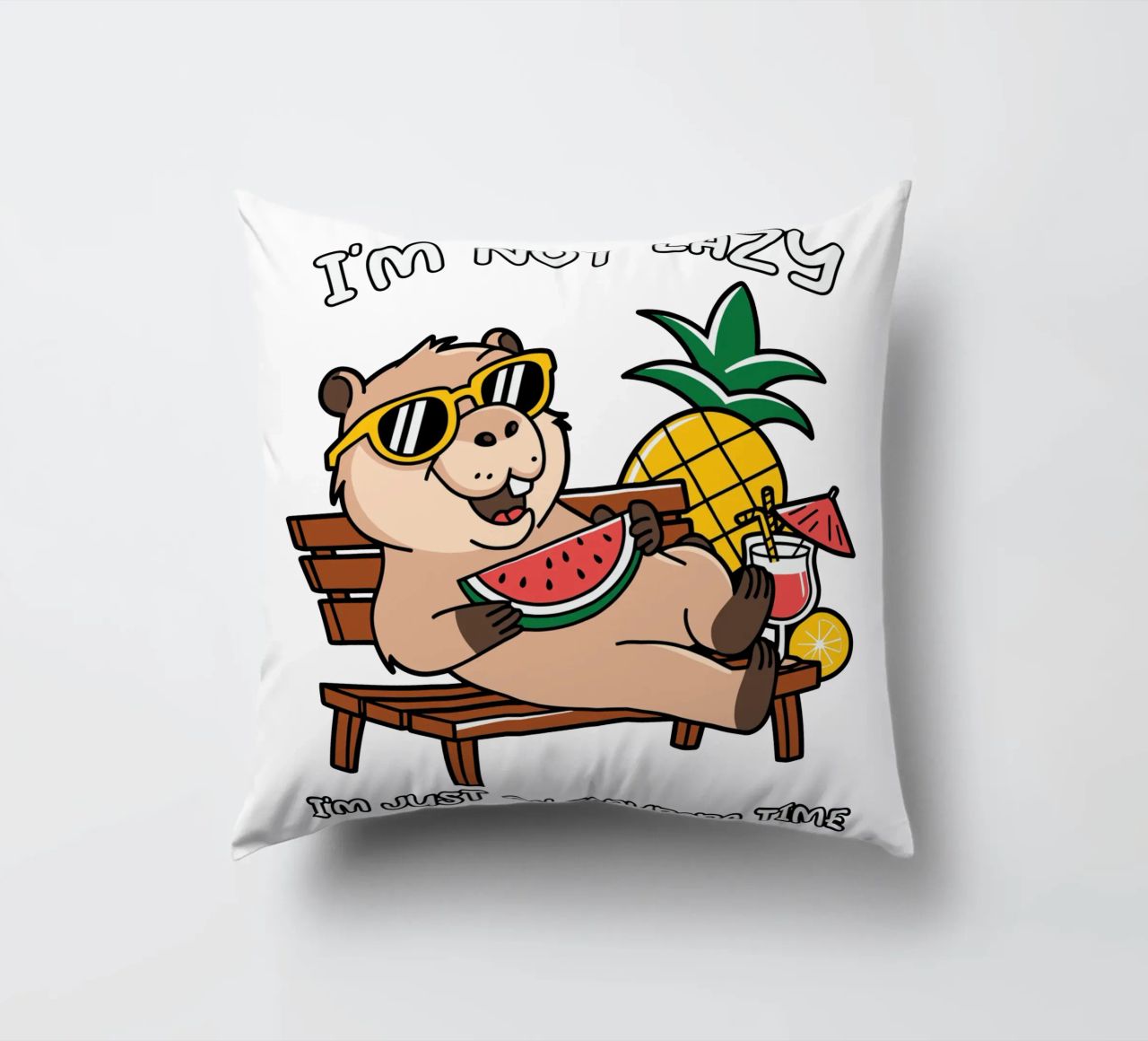I'M NOT LAZY. I'M JUST ON CAPYBARA TIME decorative cushion by edsonramosart