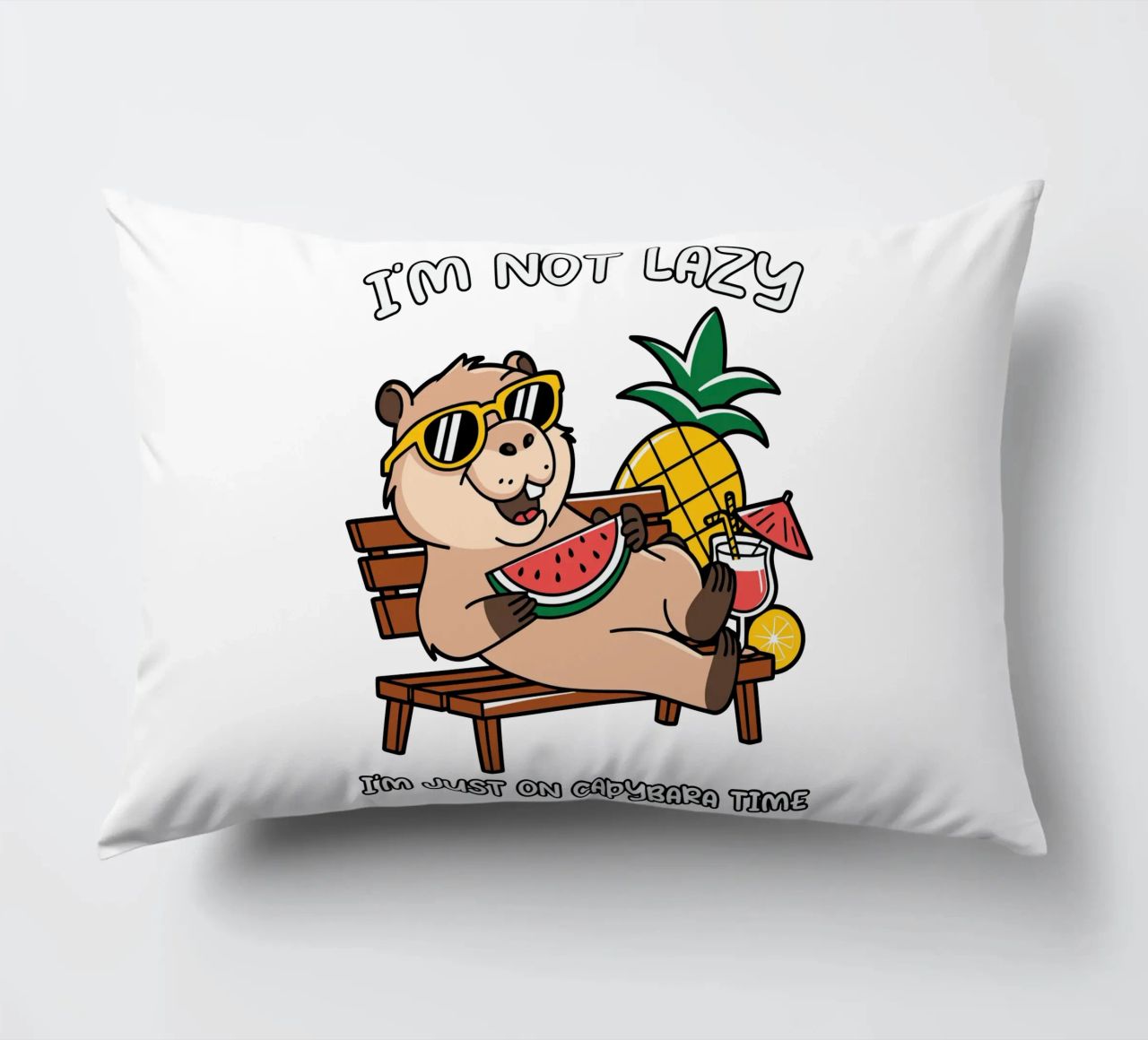 I'M NOT LAZY. I'M JUST ON CAPYBARA TIME decorative cushion by edsonramosart