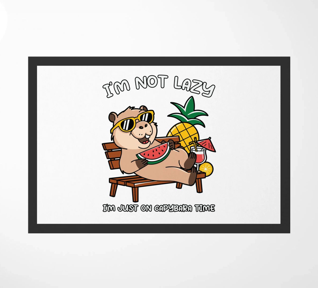 I'M NOT LAZY. I'M JUST ON CAPYBARA TIME doormat by edsonramosart