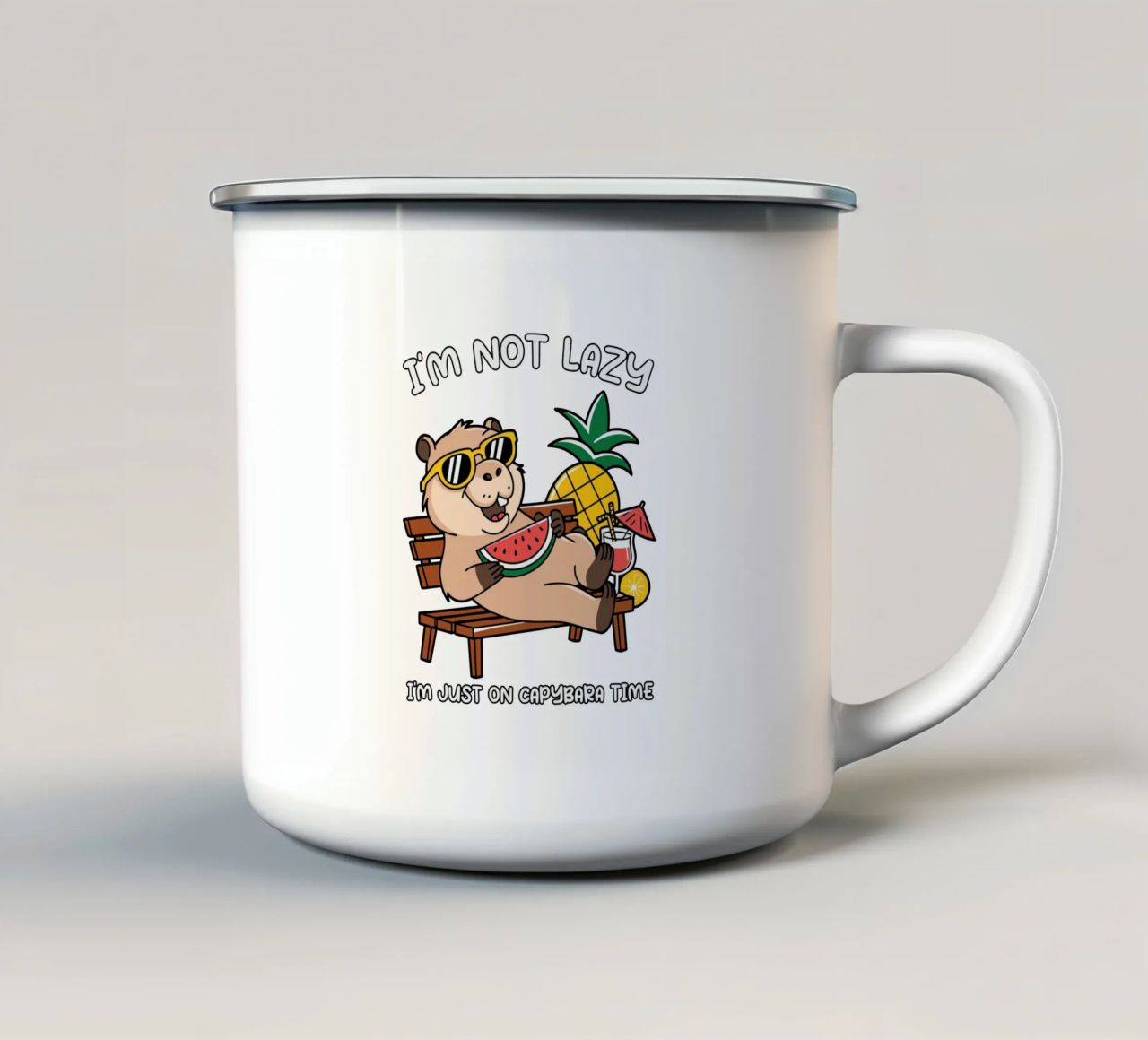 I'M NOT LAZY. I'M JUST ON CAPYBARA TIME enamel mug by edsonramosart