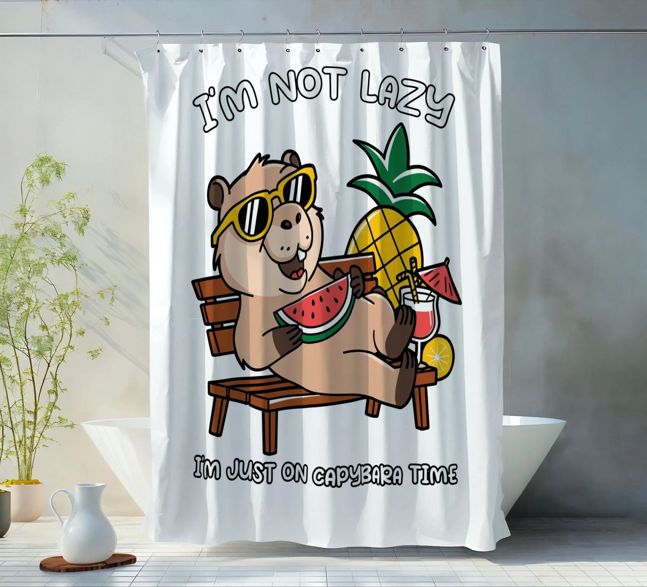I'M NOT LAZY. I'M JUST ON CAPYBARA TIME shower curtain by edsonramosart