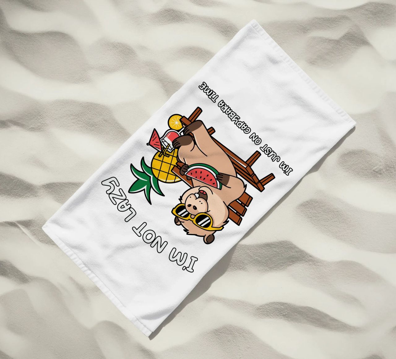 I'M NOT LAZY. I'M JUST ON CAPYBARA TIME beach towel by edsonramosart