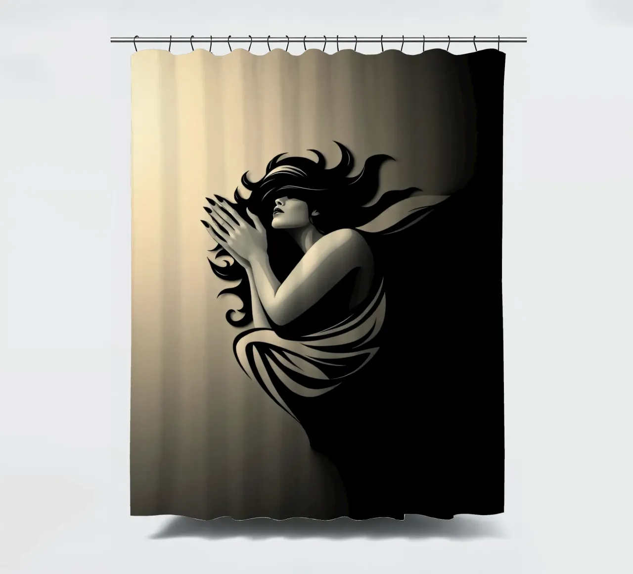 A woman in prayer, symbolizing peace and reflection shower curtain by DesignDoodle