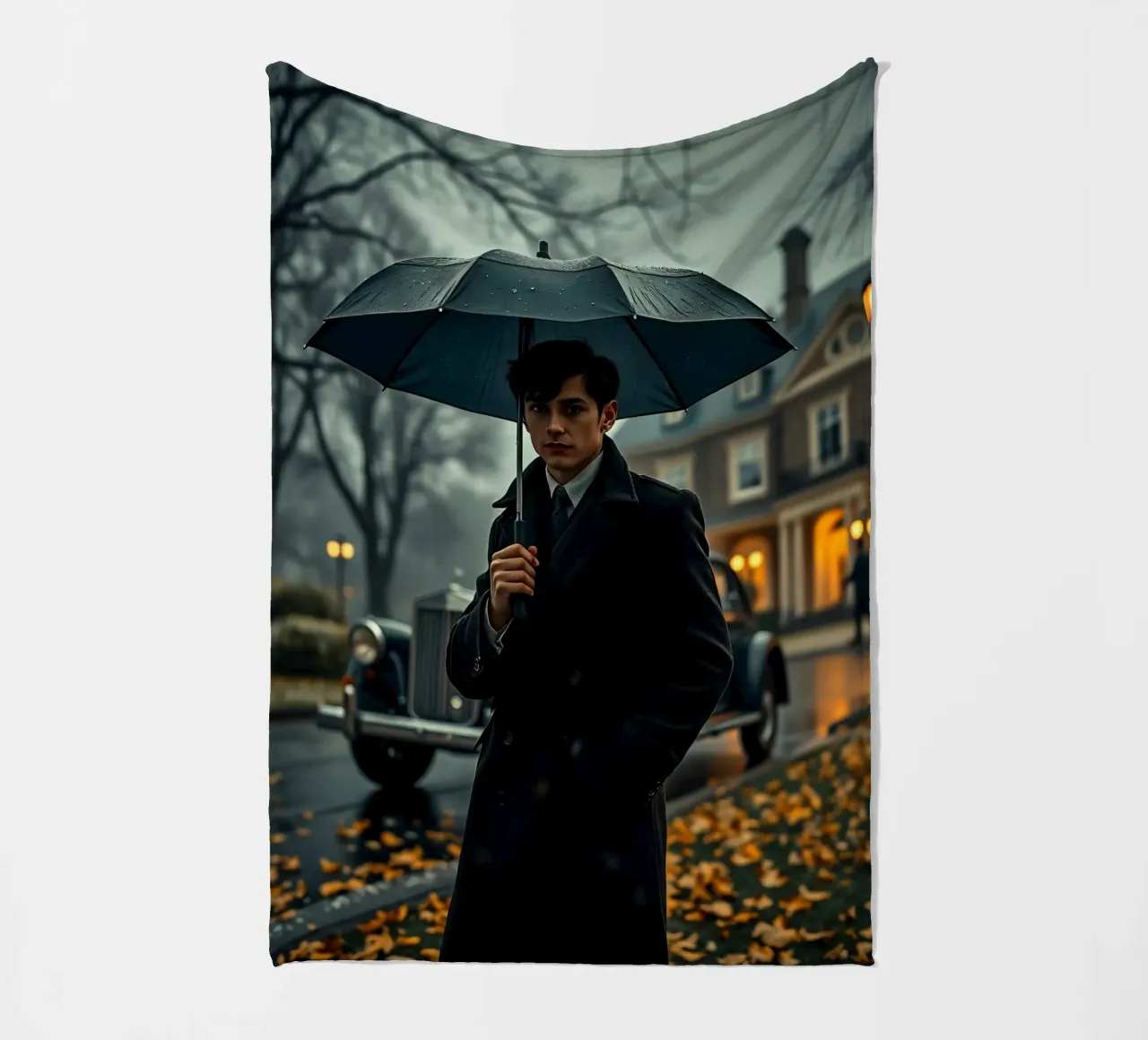 Un giovane uomo si trova sotto un ombrello nero in un autunno piovoso. coperta in pile da DesignDoodle