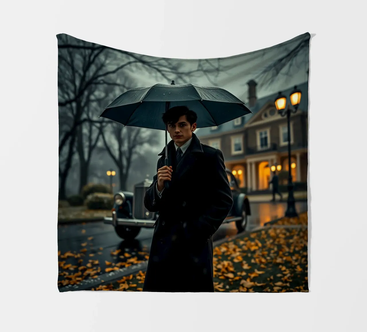 Un giovane uomo si trova sotto un ombrello nero in un autunno piovoso. coperta in pile da DesignDoodle