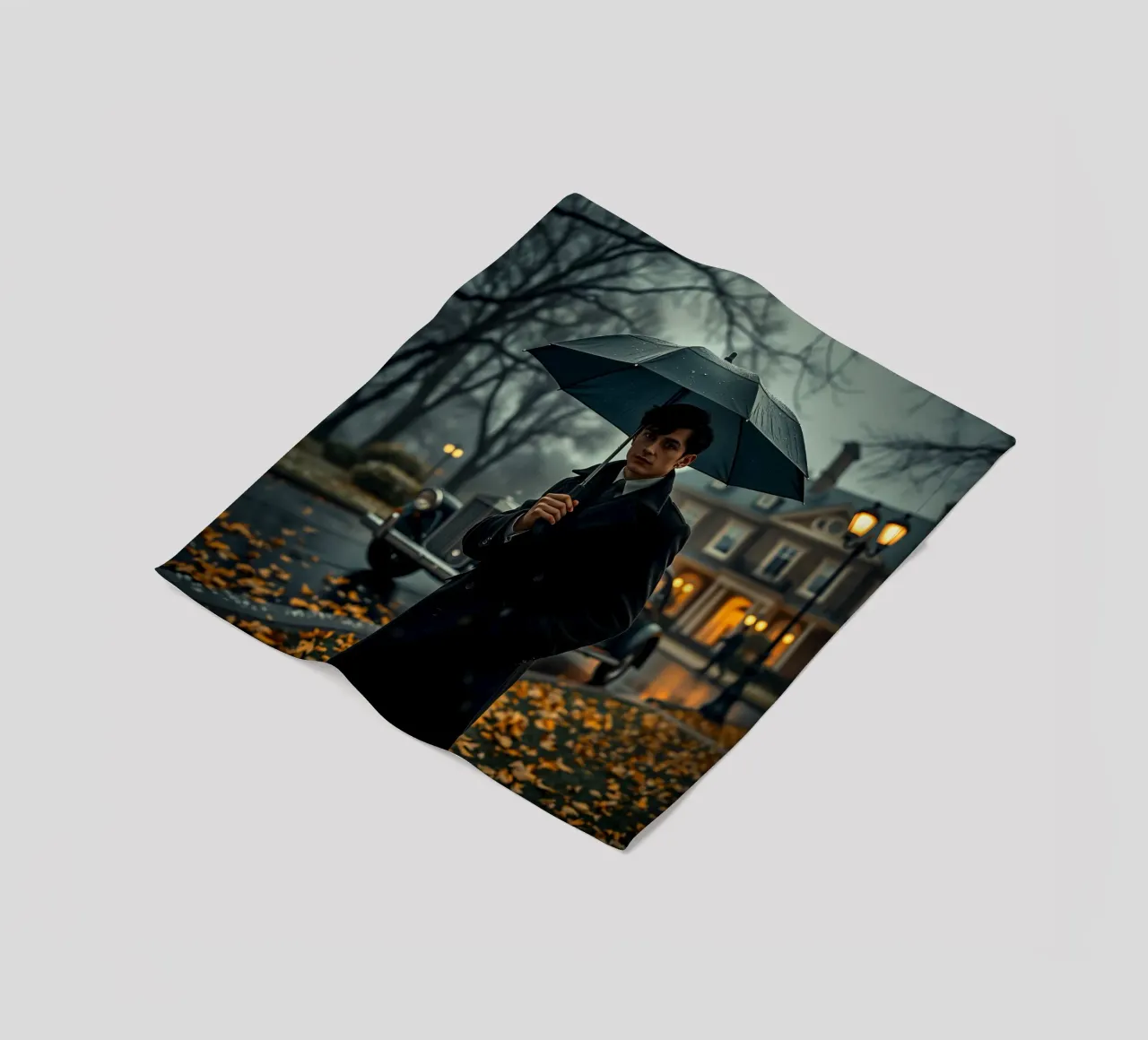 Un giovane uomo si trova sotto un ombrello nero in un autunno piovoso. coperta in pile da DesignDoodle