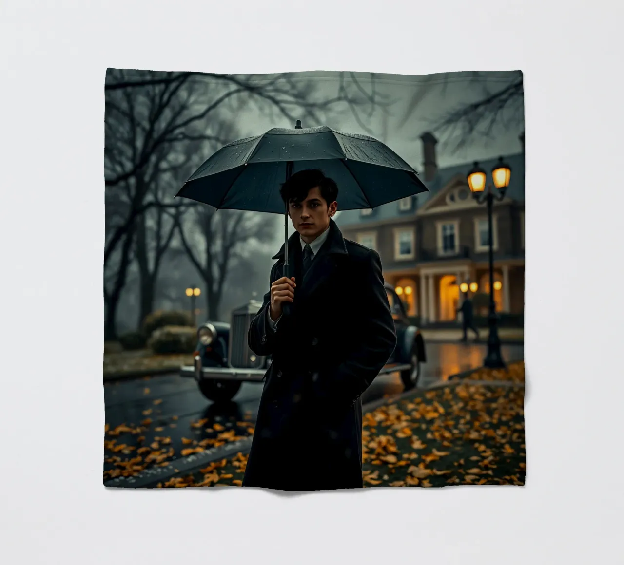 Un giovane uomo si trova sotto un ombrello nero in un autunno piovoso. coperta in pile da DesignDoodle