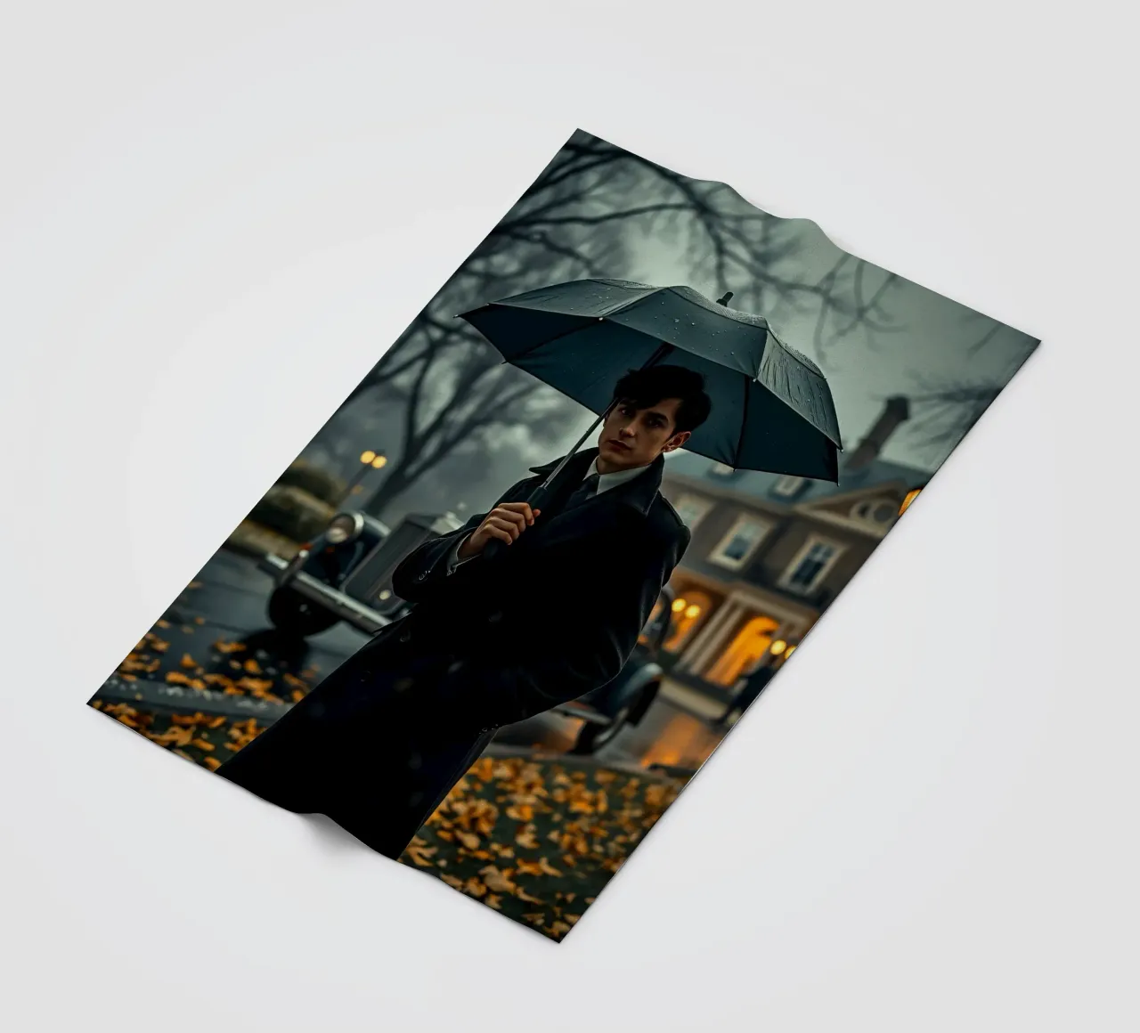 Un giovane uomo si trova sotto un ombrello nero in un autunno piovoso. coperta in pile da DesignDoodle