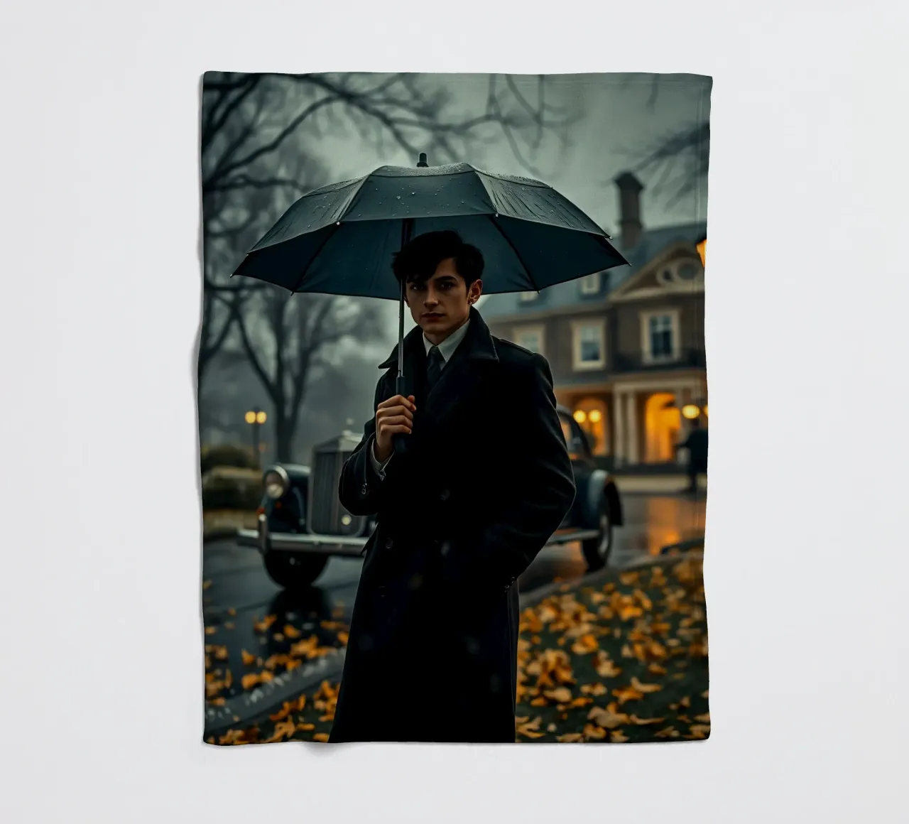 Un giovane uomo si trova sotto un ombrello nero in un autunno piovoso. coperta in pile da DesignDoodle