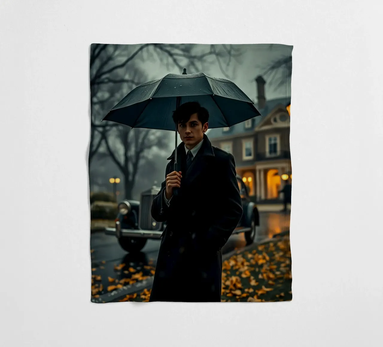 Un giovane uomo si trova sotto un ombrello nero in un autunno piovoso. coperta in pile da DesignDoodle
