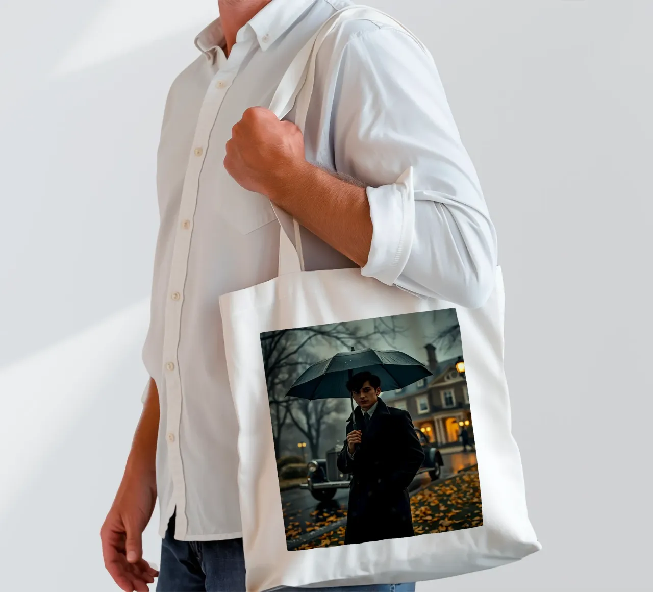 Un giovane uomo si trova sotto un ombrello nero in un autunno piovoso. borsa in juta da DesignDoodle