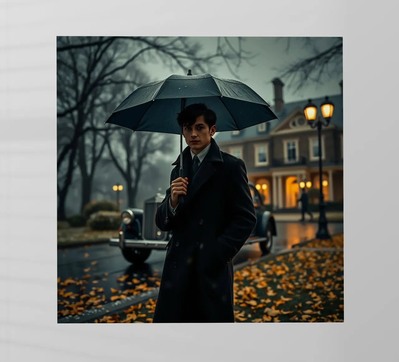 Un giovane uomo si trova sotto un ombrello nero in un autunno piovoso. pellicola backlit da DesignDoodle