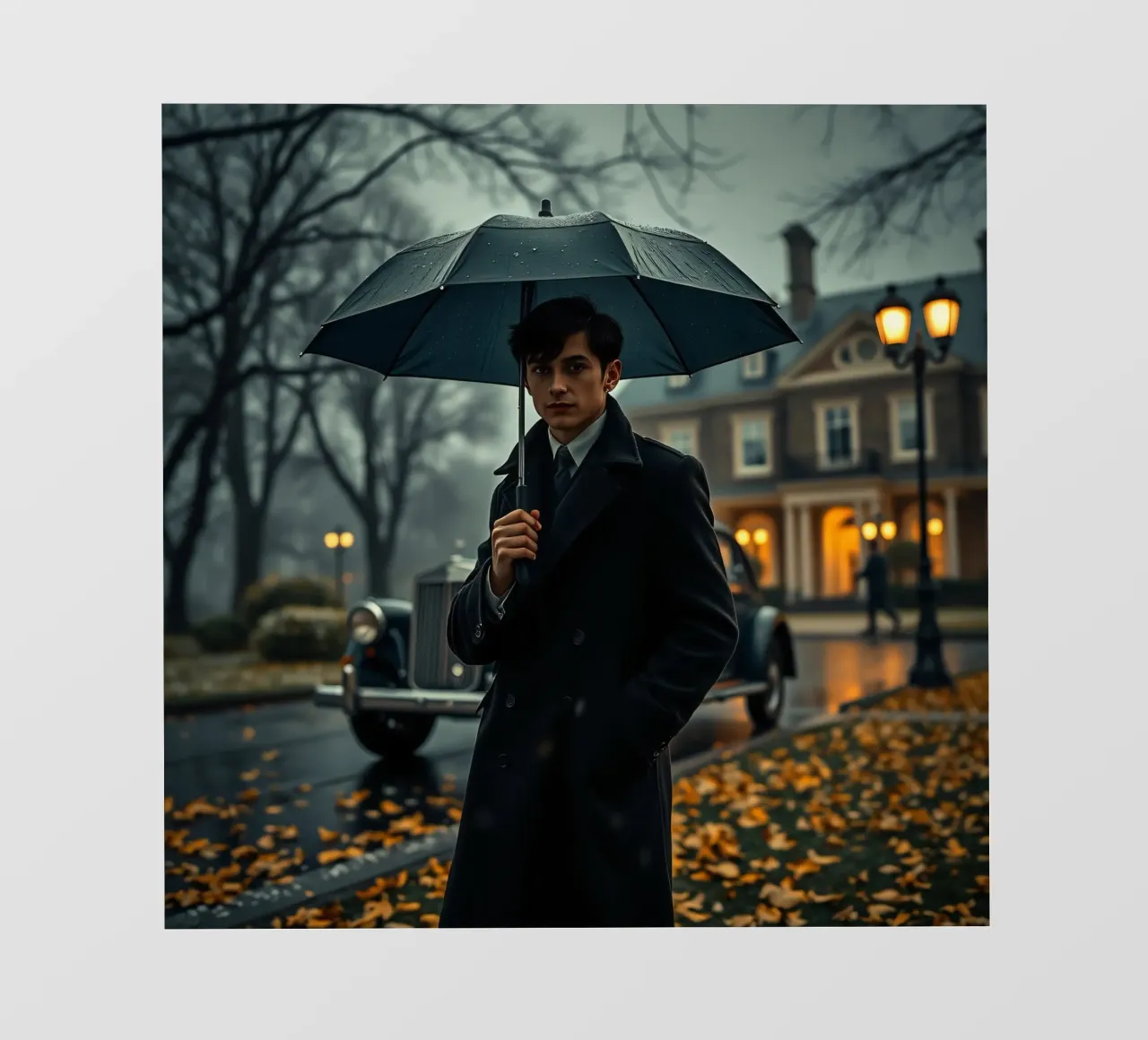 Un giovane uomo si trova sotto un ombrello nero in un autunno piovoso. pellicola backlit da DesignDoodle