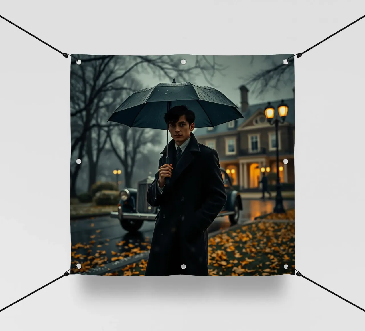 Un giovane uomo si trova sotto un ombrello nero in un autunno piovoso. telo in pvc da DesignDoodle