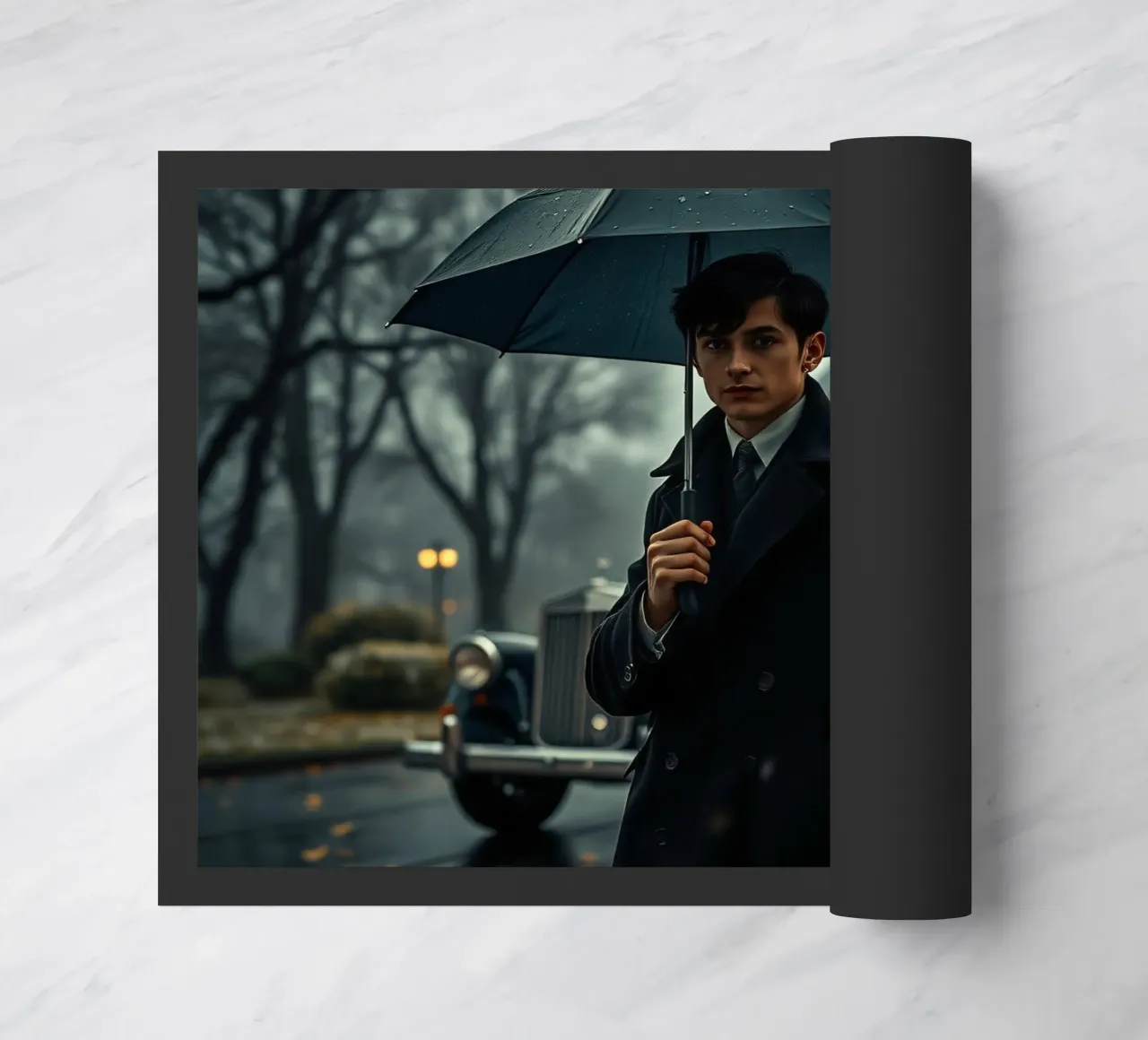 Un giovane uomo si trova sotto un ombrello nero in un autunno piovoso. zerbino da DesignDoodle