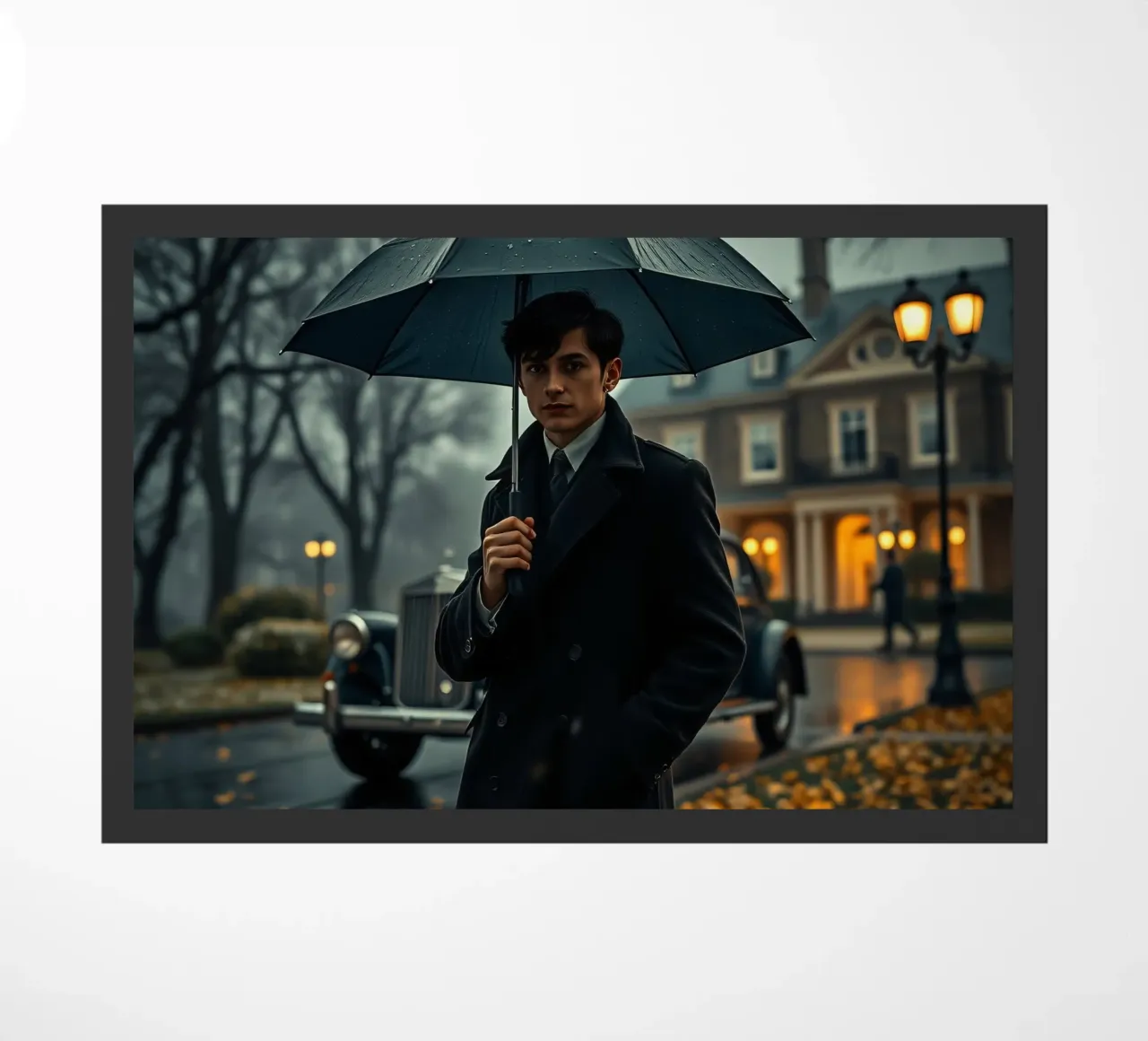 Un giovane uomo si trova sotto un ombrello nero in un autunno piovoso. zerbino da DesignDoodle