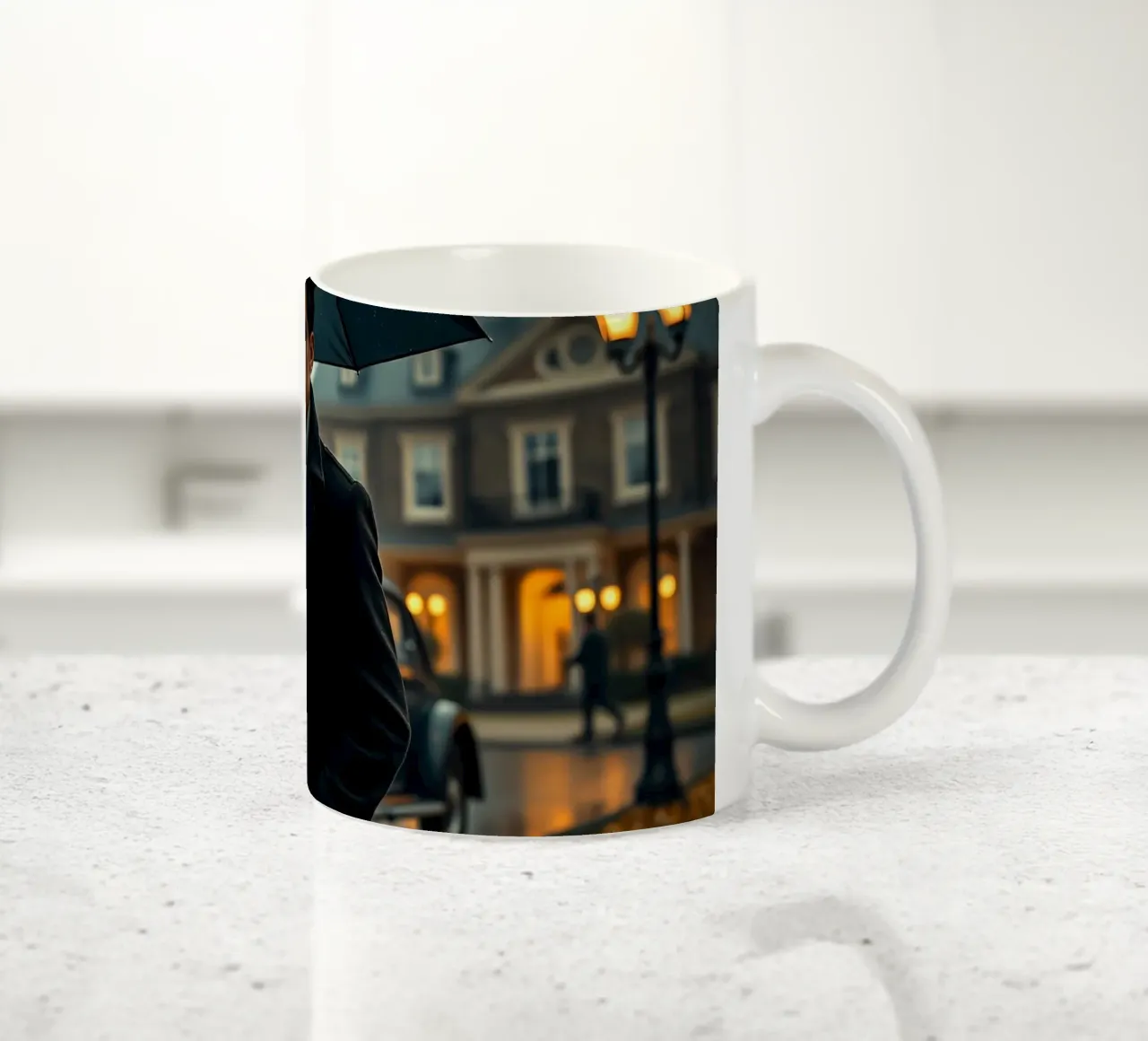 Un giovane uomo si trova sotto un ombrello nero in un autunno piovoso. tazza in ceramica da DesignDoodle