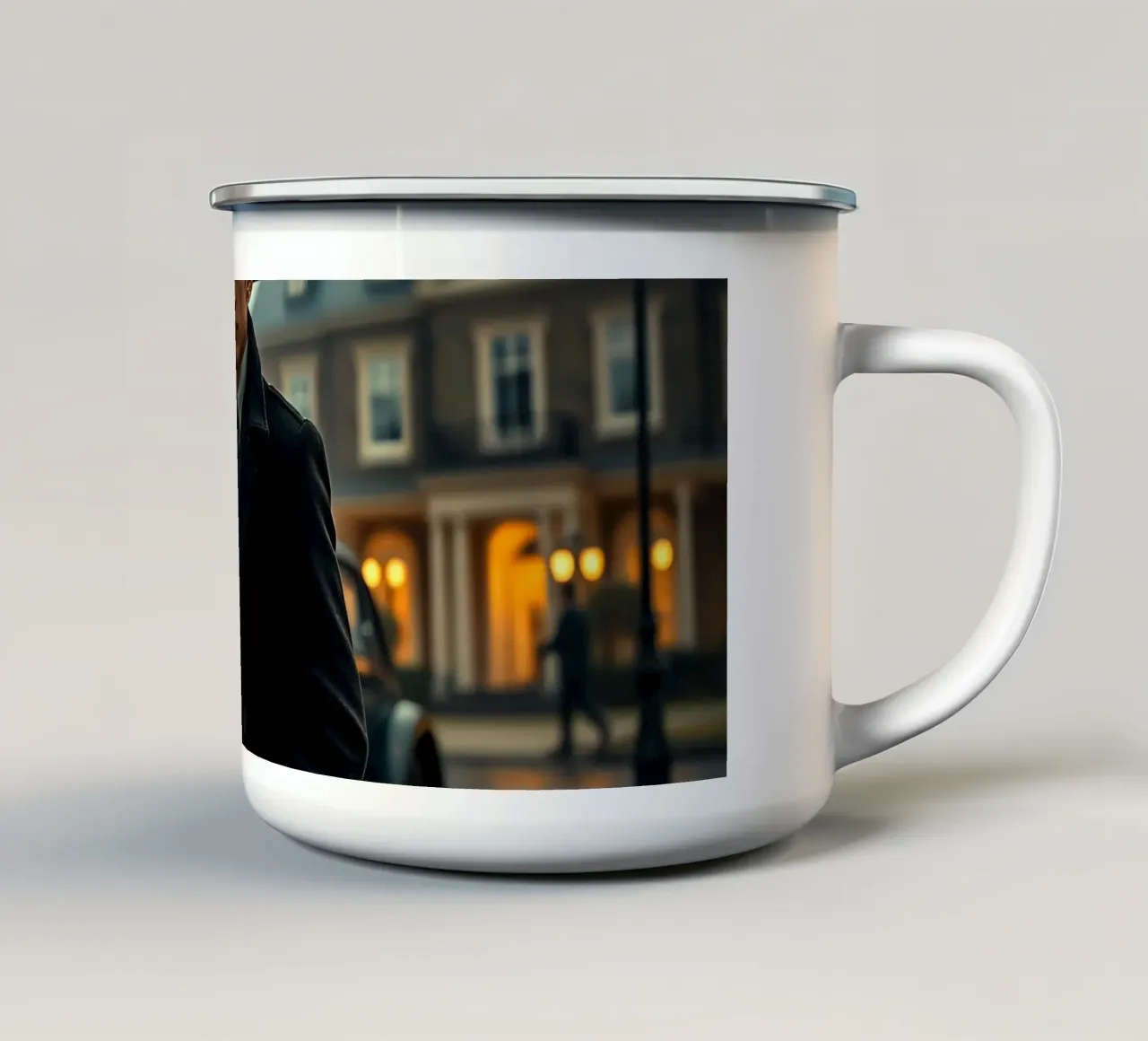 Un giovane uomo si trova sotto un ombrello nero in un autunno piovoso. tazza in smalto da DesignDoodle