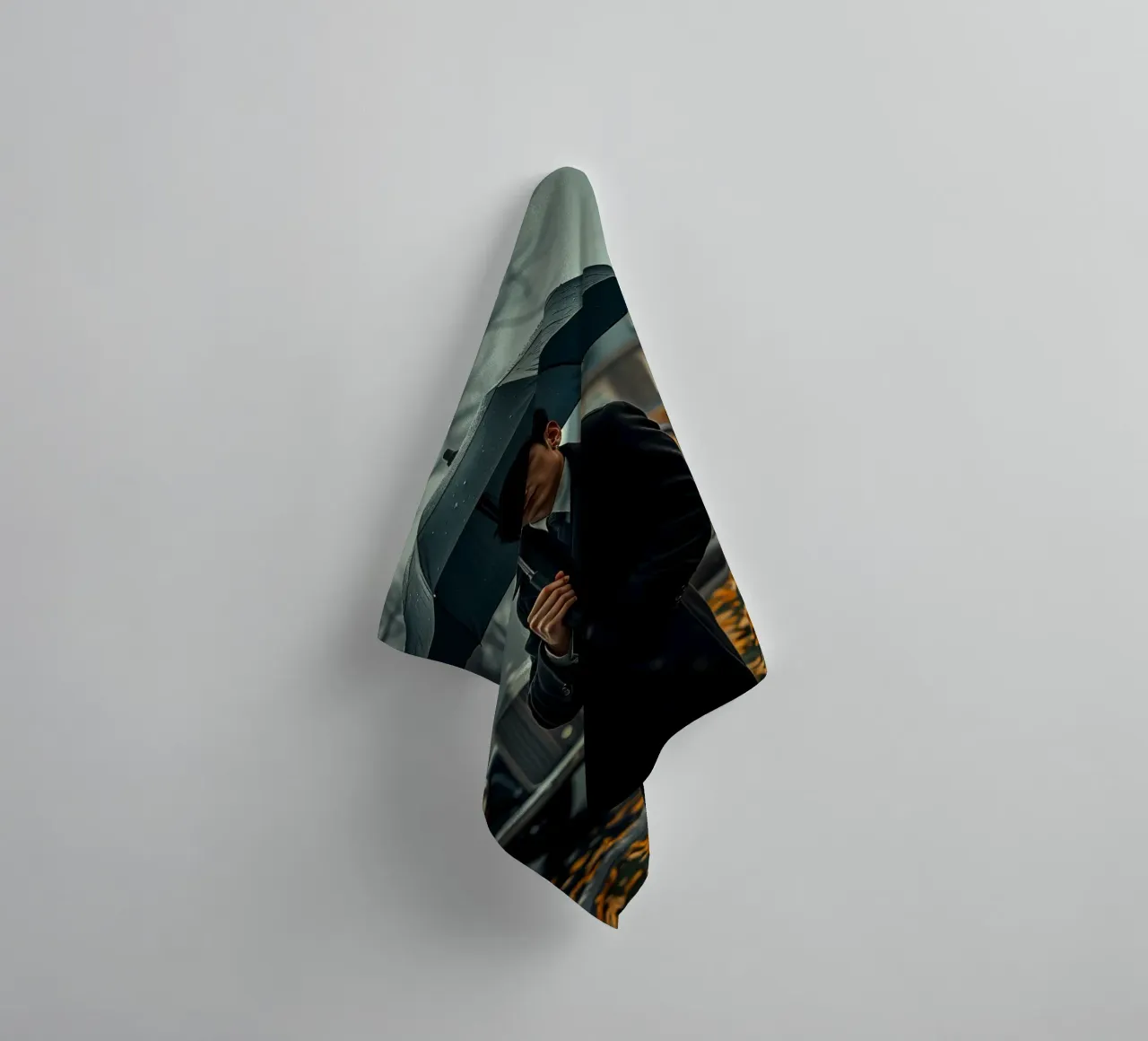 Un giovane uomo si trova sotto un ombrello nero in un autunno piovoso. asciugamano da bagno da DesignDoodle