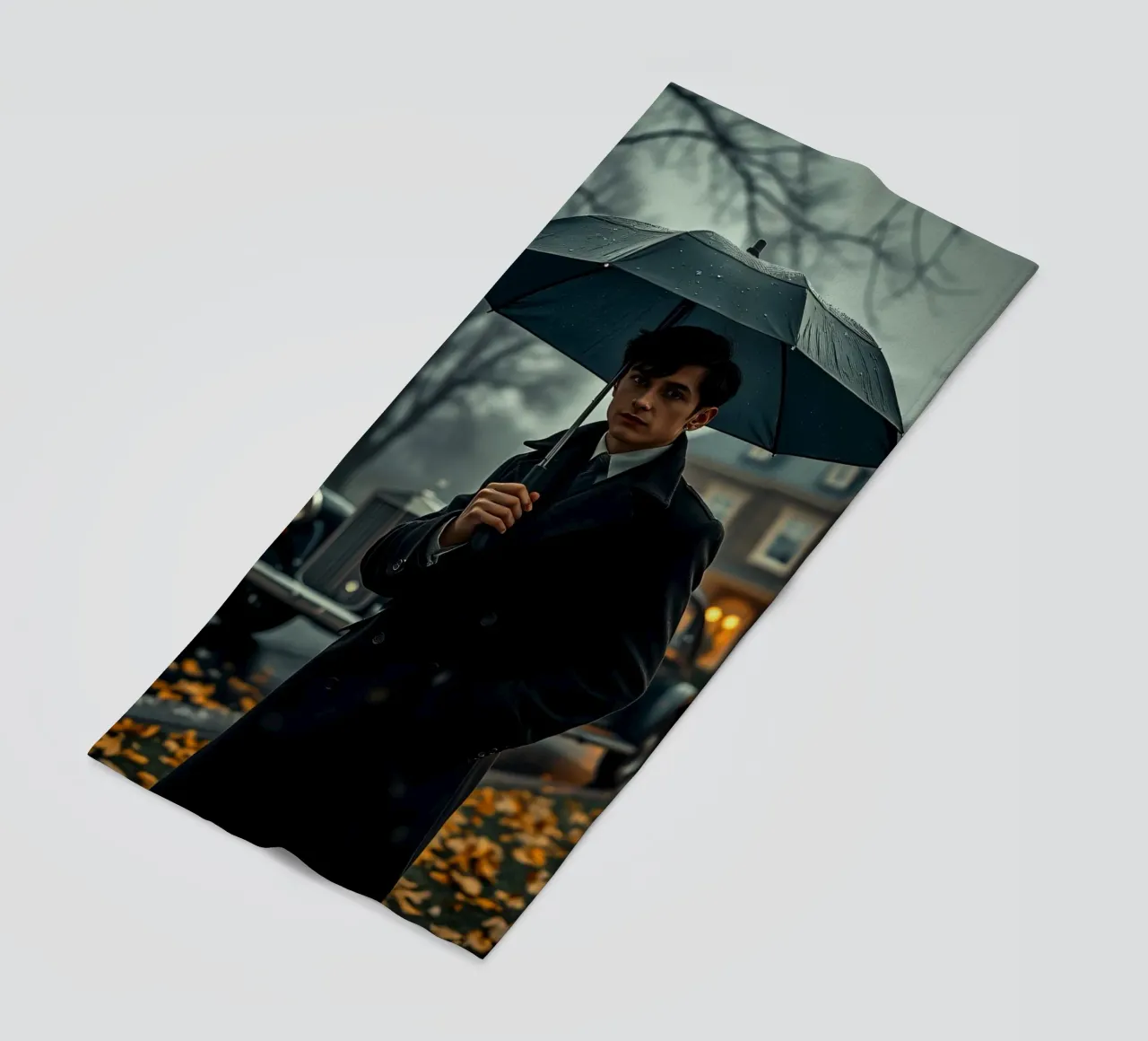 Un giovane uomo si trova sotto un ombrello nero in un autunno piovoso. telo mare da DesignDoodle