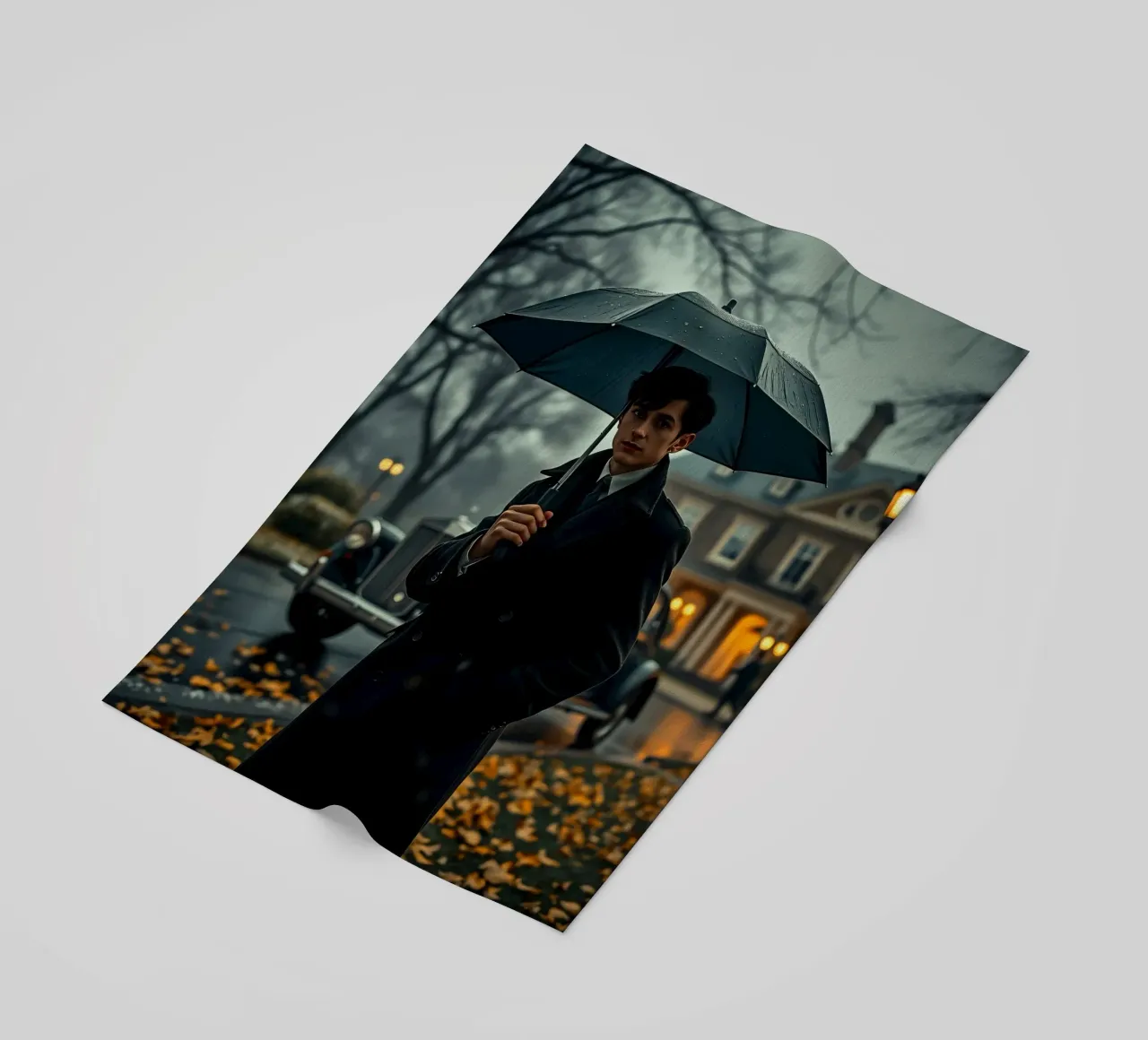 Un giovane uomo si trova sotto un ombrello nero in un autunno piovoso. telo mare da DesignDoodle