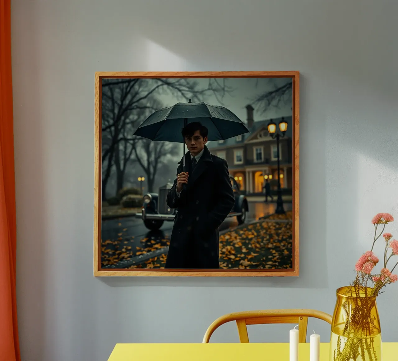 Un giovane uomo si trova sotto un ombrello nero in un autunno piovoso. plexiglass da DesignDoodle