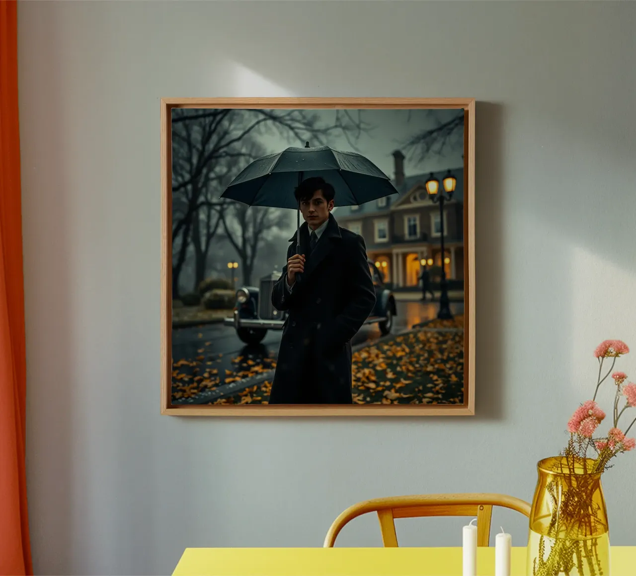 Un giovane uomo si trova sotto un ombrello nero in un autunno piovoso. tela con Cornice a cassetta da DesignDoodle