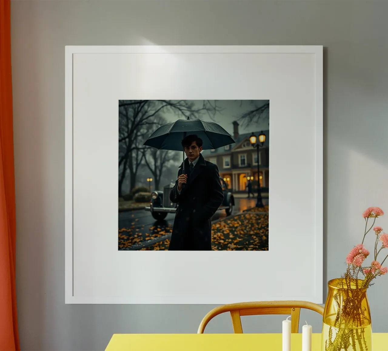 Un giovane uomo si trova sotto un ombrello nero in un autunno piovoso. poster da DesignDoodle