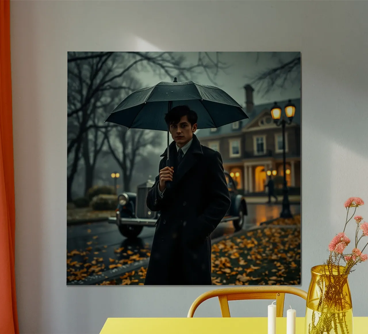 Un giovane uomo si trova sotto un ombrello nero in un autunno piovoso. poster da DesignDoodle