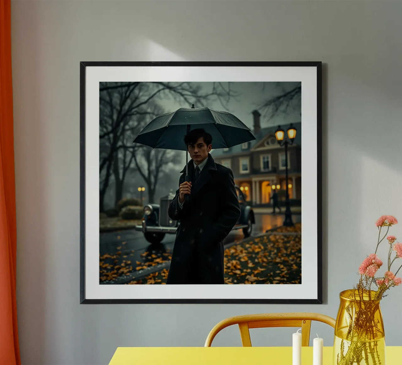 Un giovane uomo si trova sotto un ombrello nero in un autunno piovoso. poster da DesignDoodle