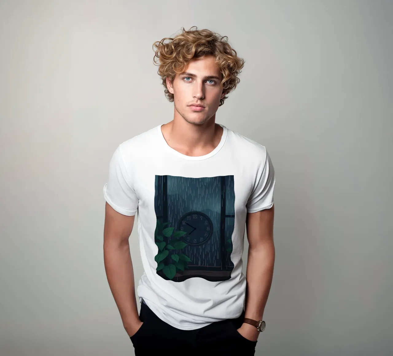 Vue d'une soirée pluvieuse depuis une chambre confortable avec une horloge et une plante t-shirt de DesignDoodle