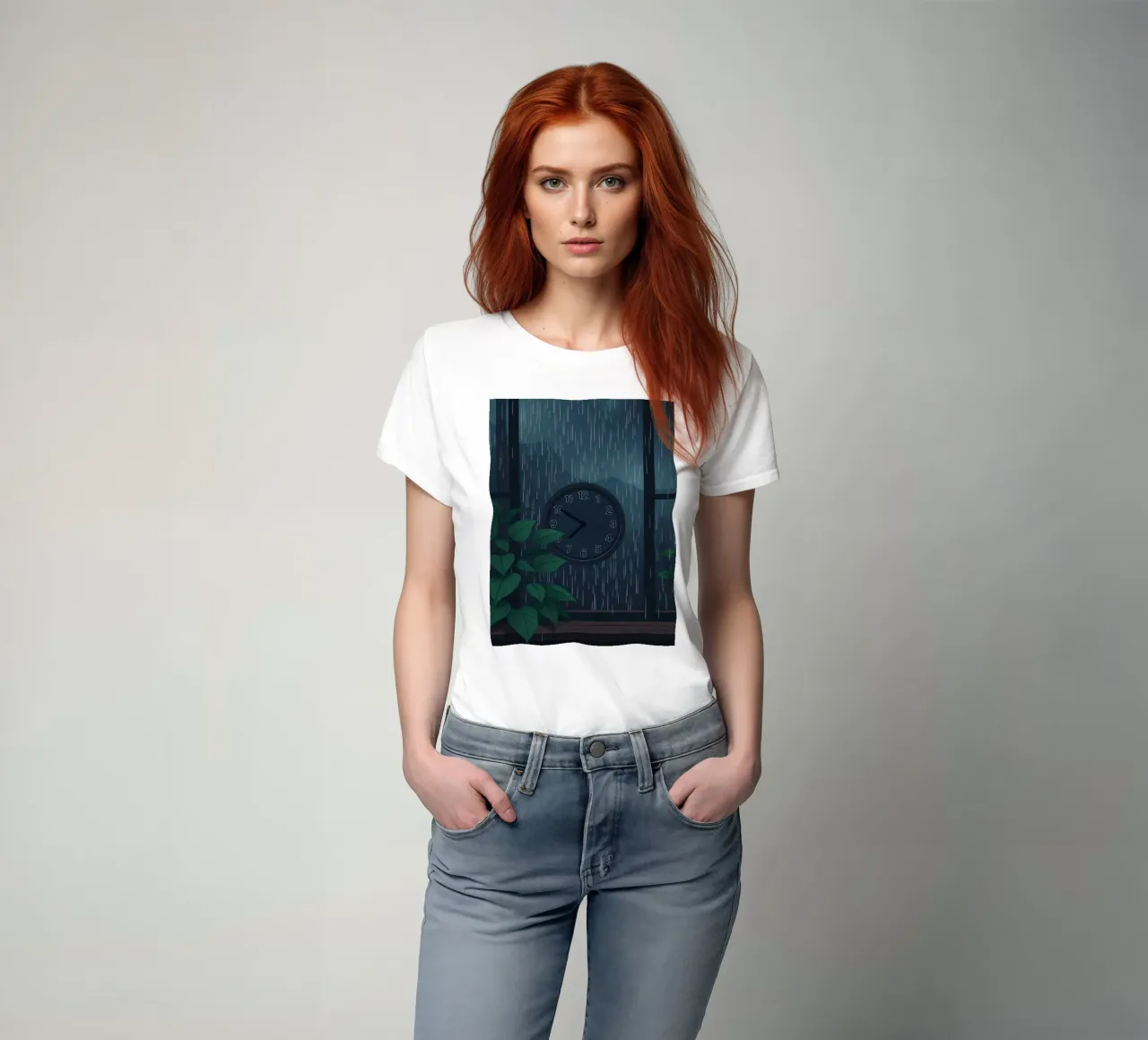 Vue d'une soirée pluvieuse depuis une chambre confortable avec une horloge et une plante t-shirt de DesignDoodle