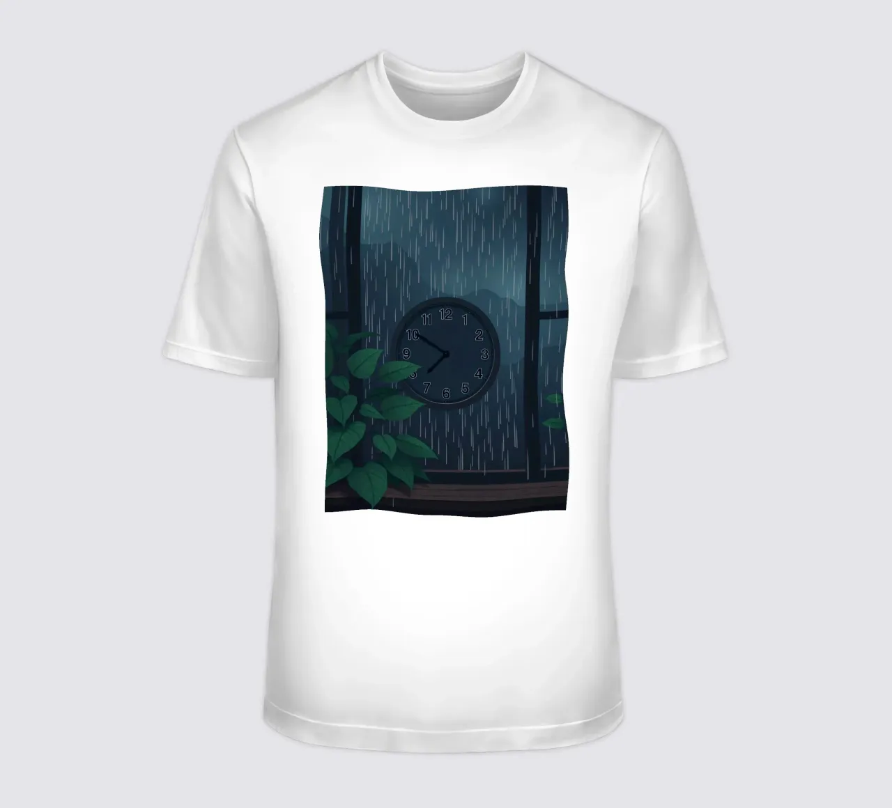 Vue d'une soirée pluvieuse depuis une chambre confortable avec une horloge et une plante t-shirt de DesignDoodle