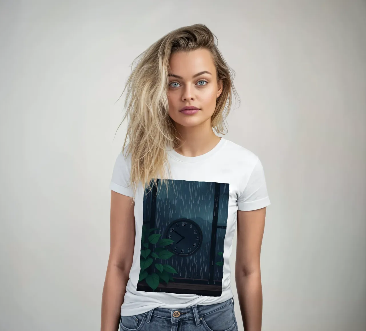 Vue d'une soirée pluvieuse depuis une chambre confortable avec une horloge et une plante t-shirt ajusté pour femmes de DesignDoodle