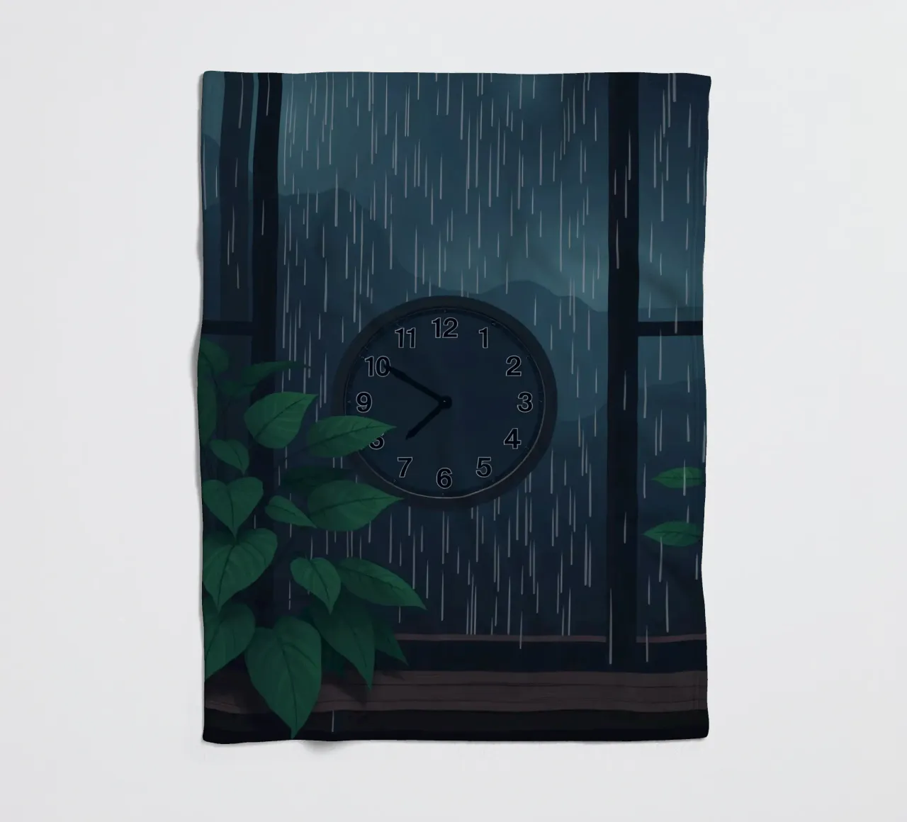 Vue d'une soirée pluvieuse depuis une chambre confortable avec une horloge et une plante plaid polaire de DesignDoodle