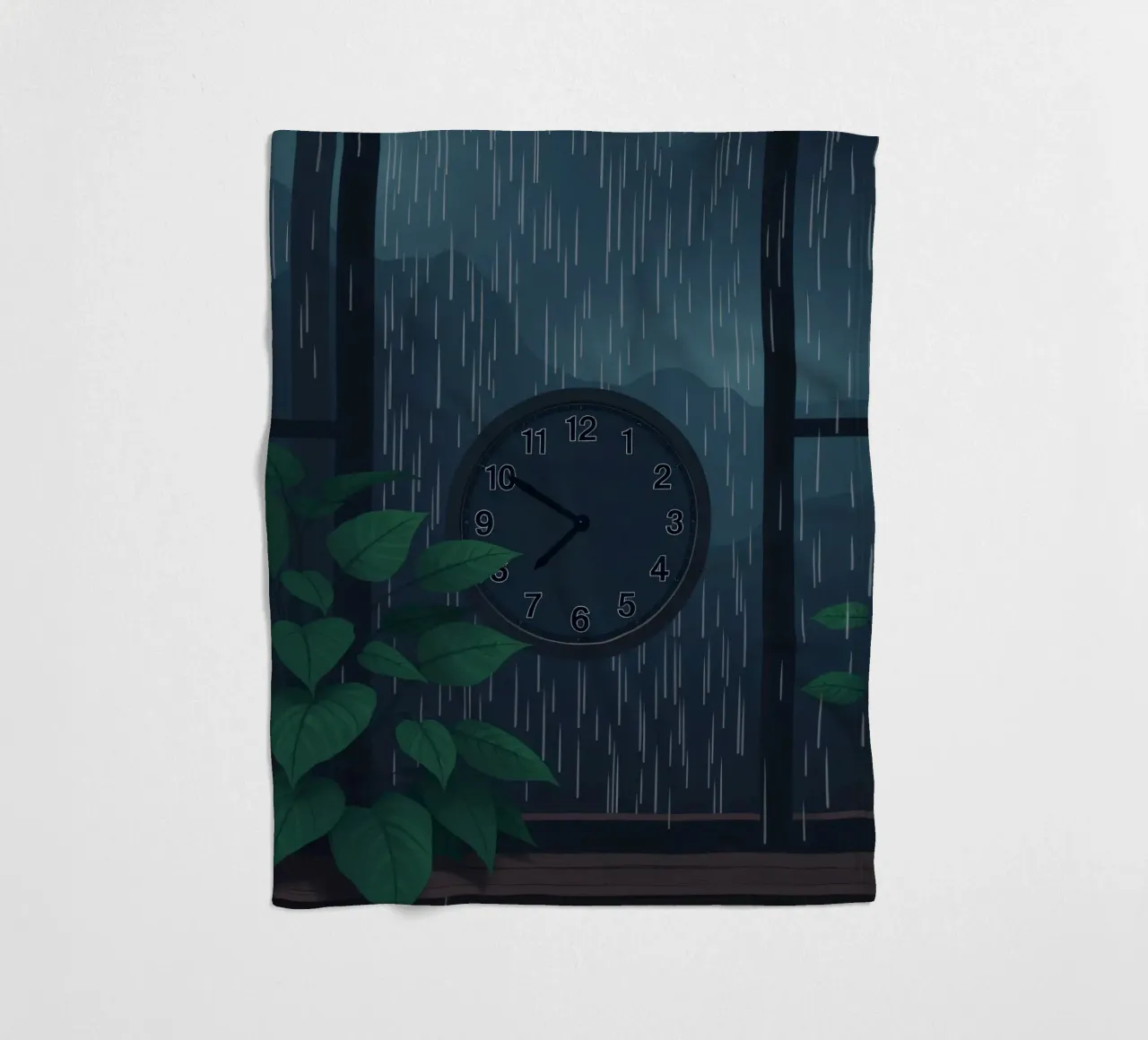 Vue d'une soirée pluvieuse depuis une chambre confortable avec une horloge et une plante plaid polaire de DesignDoodle