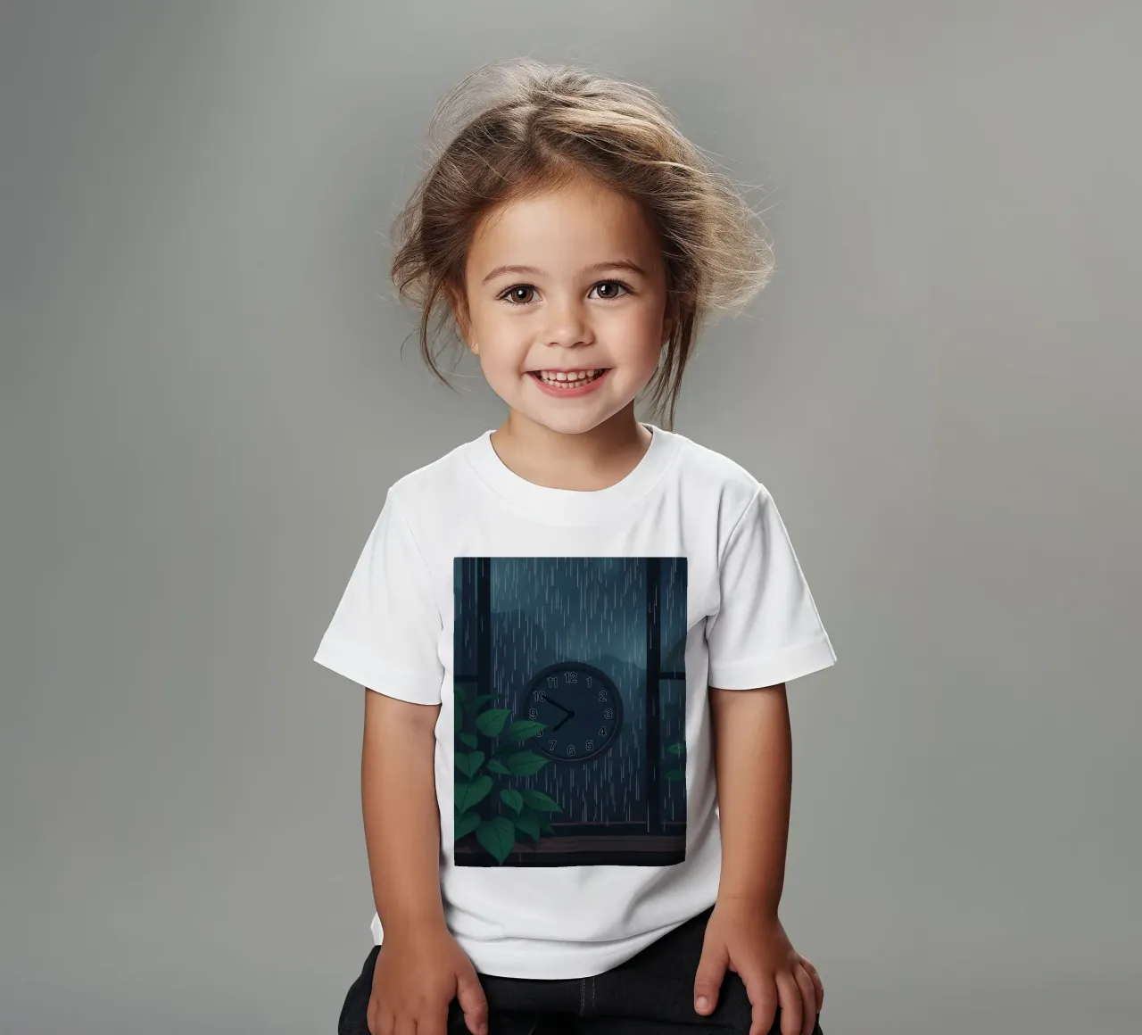 Vue d'une soirée pluvieuse depuis une chambre confortable avec une horloge et une plante t-shirt enfant de DesignDoodle