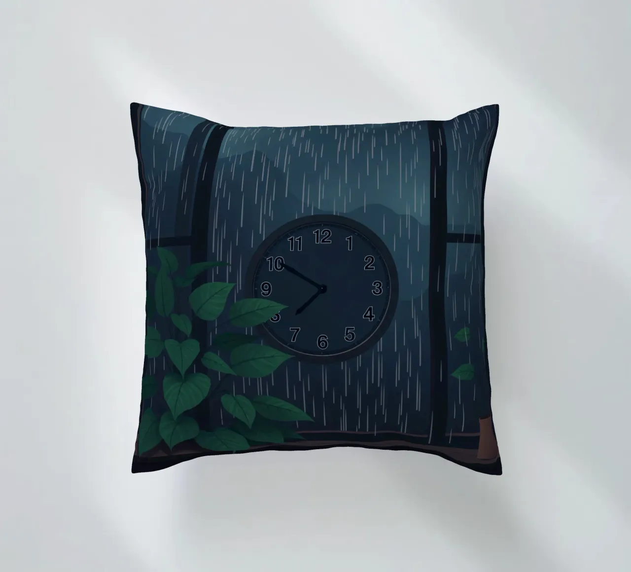 Vue d'une soirée pluvieuse depuis une chambre confortable avec une horloge et une plante coussin de DesignDoodle